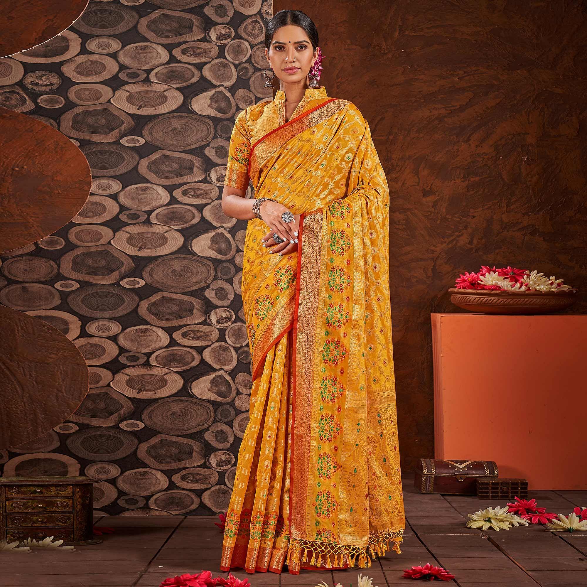 Yellow Festive Wear Banarasi Woven Organza Saree - Peachmode