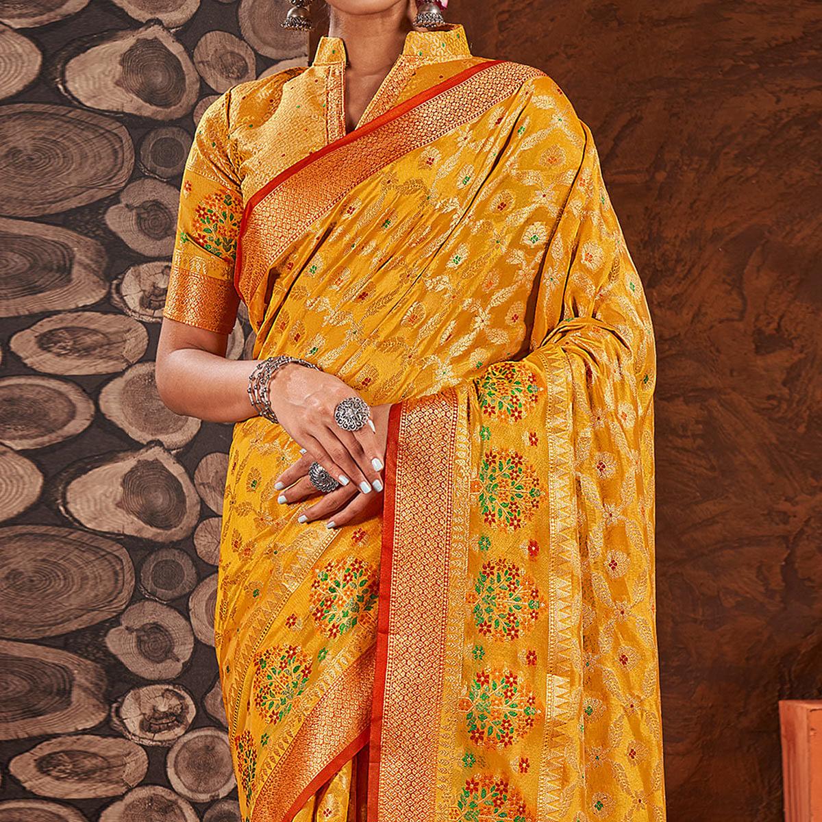 Yellow Festive Wear Banarasi Woven Organza Saree - Peachmode