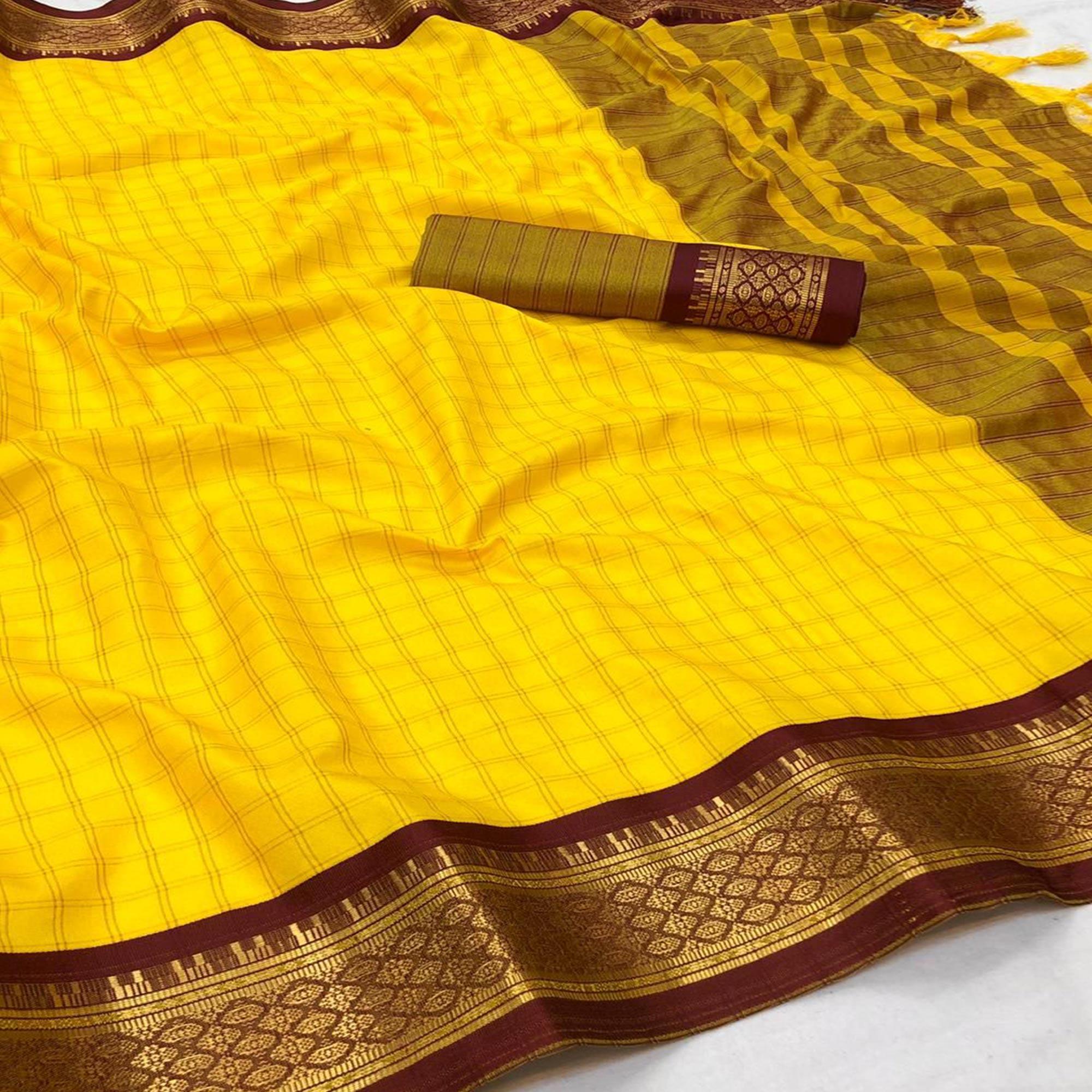 Yellow Festive Wear Checks With Woven Border Cotton Silk Saree - Peachmode
