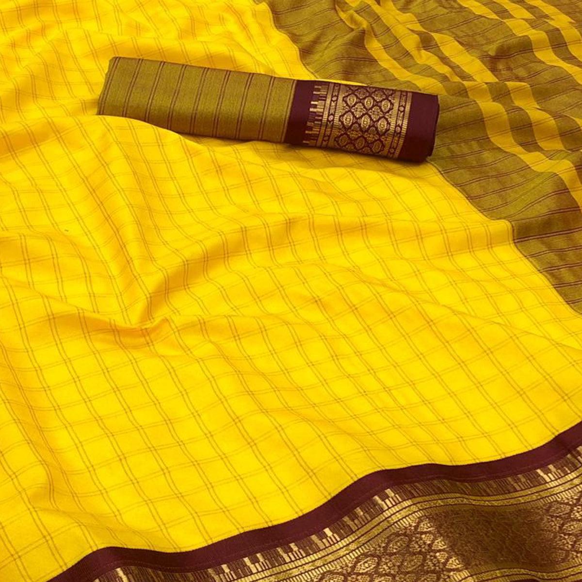 Yellow Festive Wear Checks With Woven Border Cotton Silk Saree - Peachmode