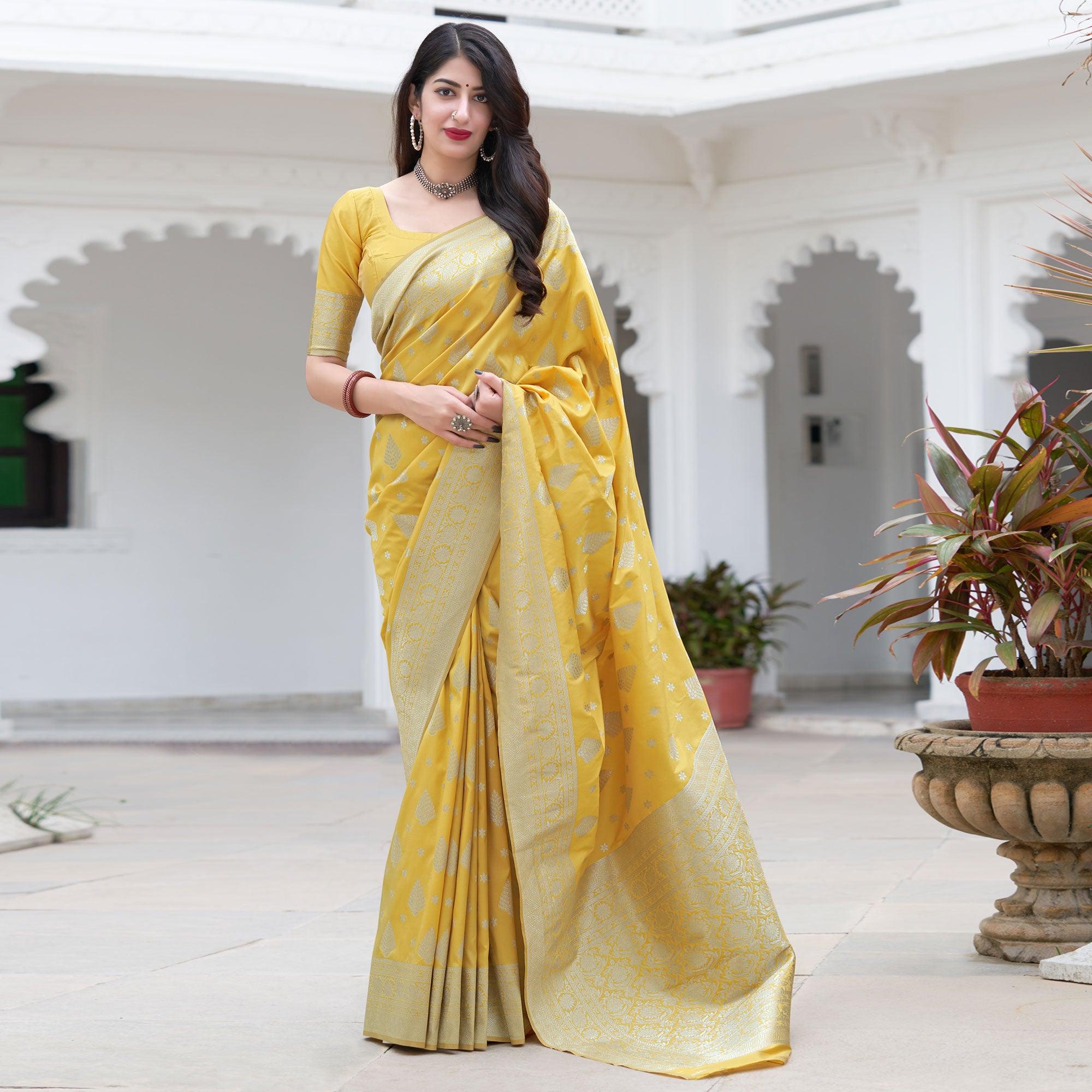 Yellow Festive Wear Designer Woven Silk Saree - Peachmode