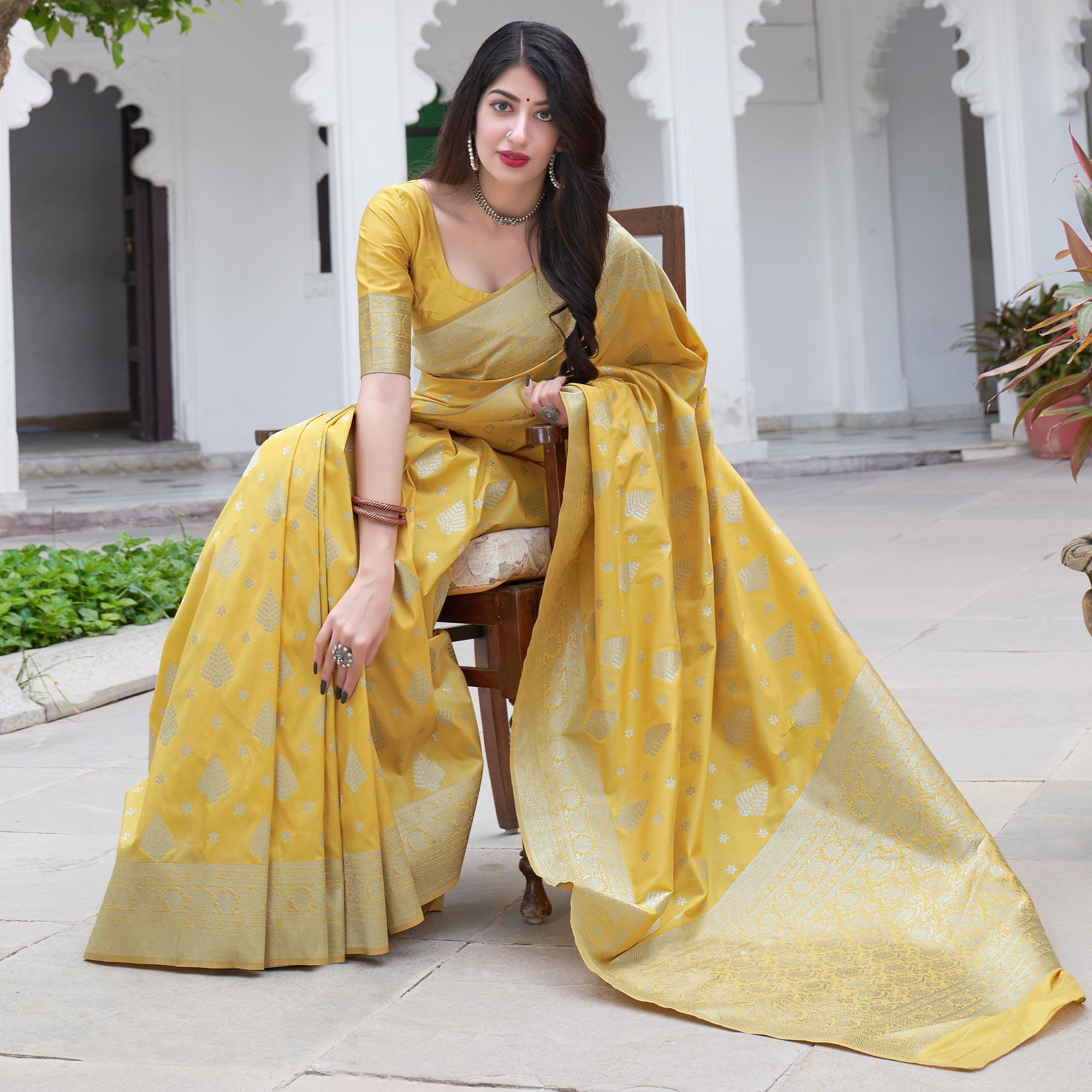 Yellow Festive Wear Designer Woven Silk Saree - Peachmode