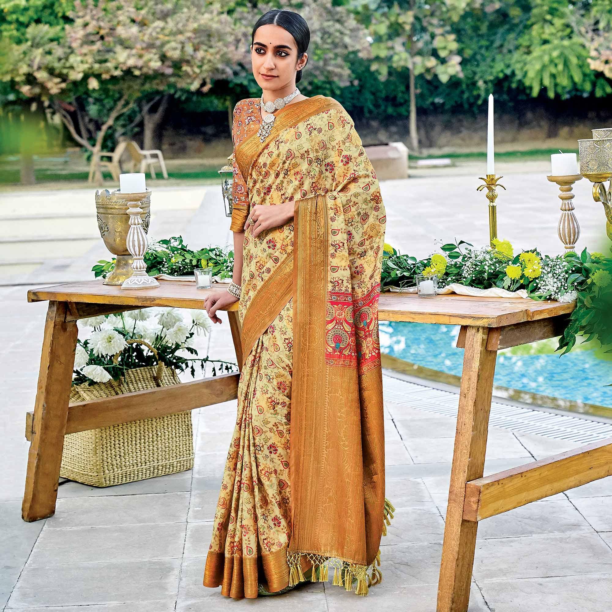 Yellow Festive Wear Digital Printed Woven Silk Saree - Peachmode