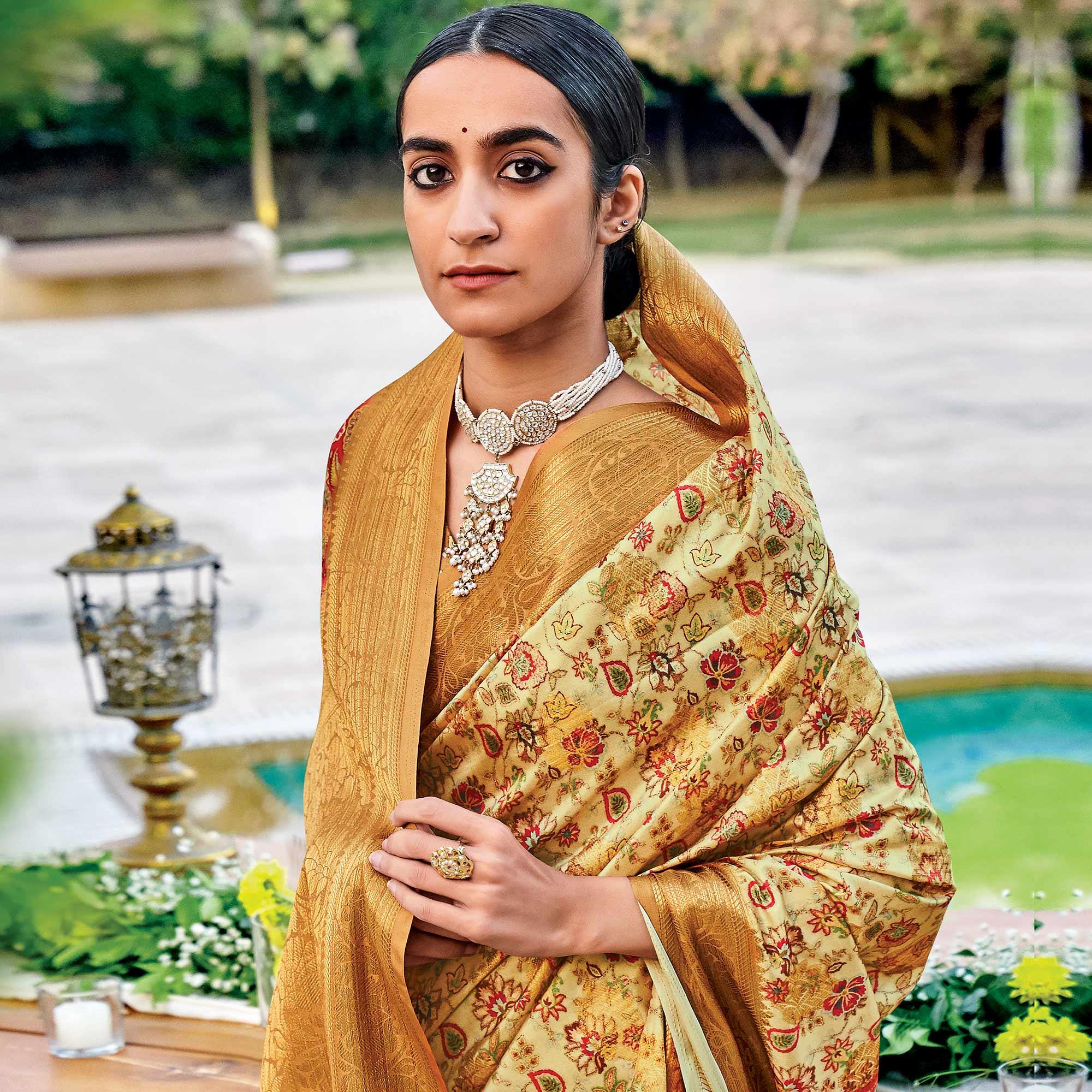 Yellow Festive Wear Digital Printed Woven Silk Saree - Peachmode