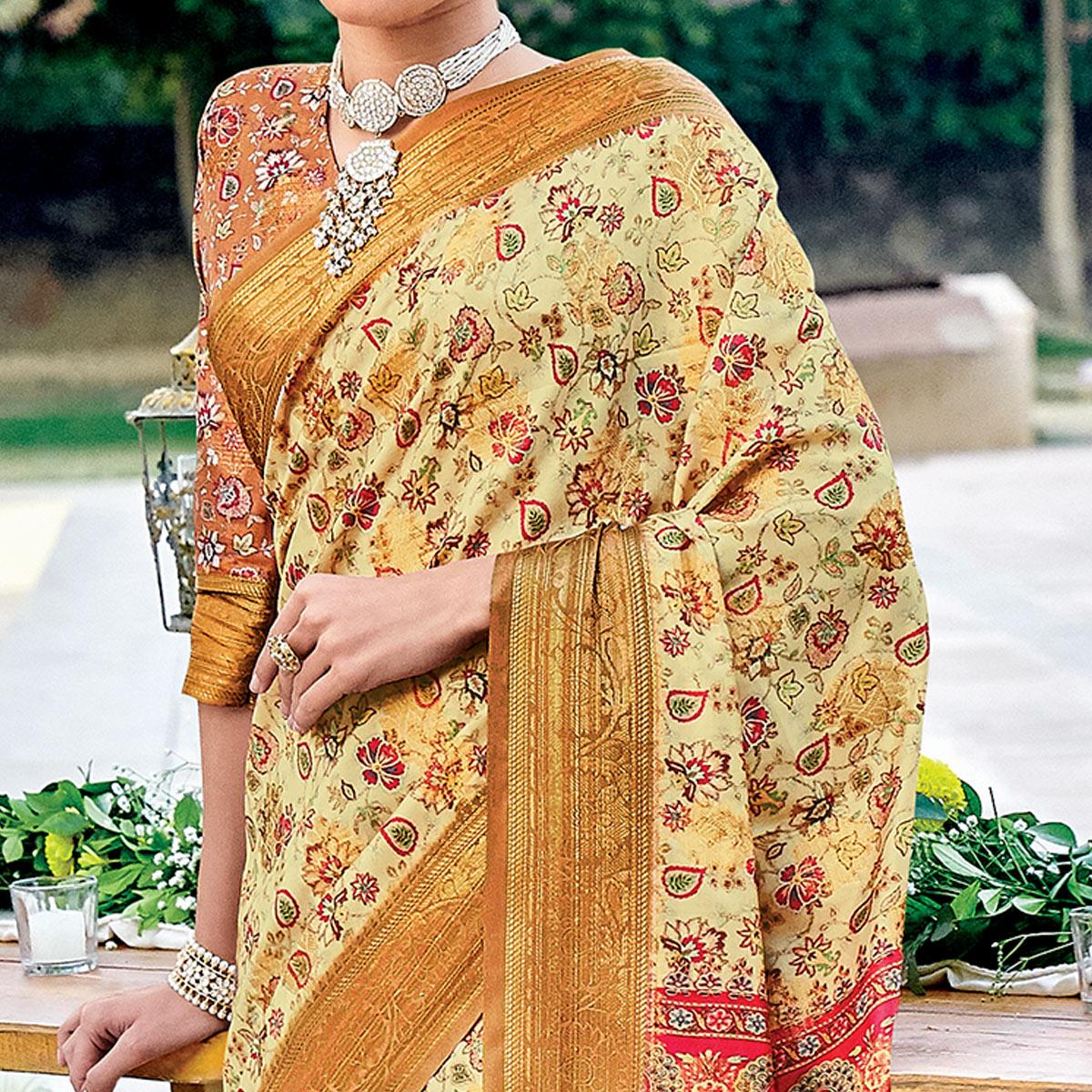 Yellow Festive Wear Digital Printed Woven Silk Saree - Peachmode