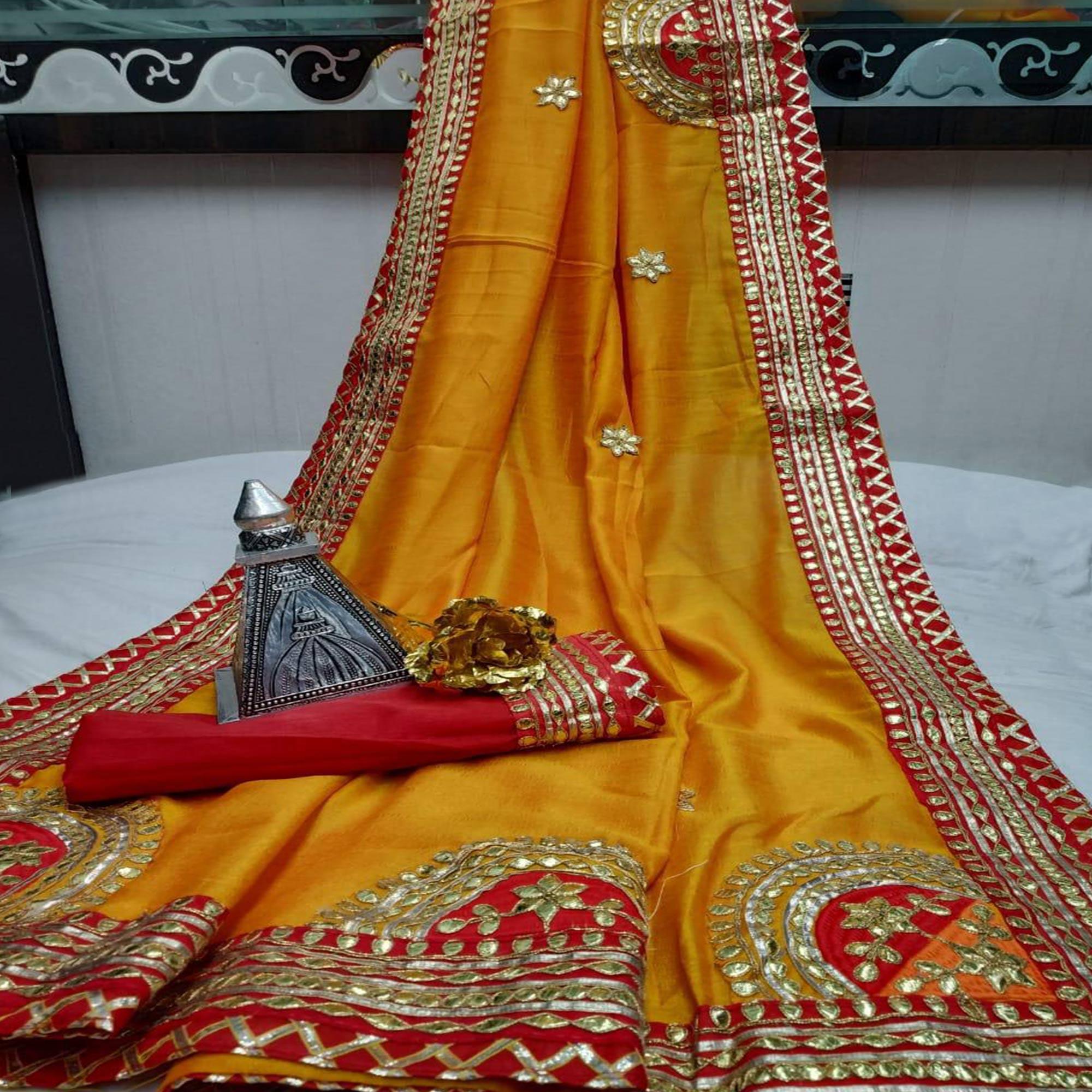 Yellow Festive Wear Dola Silk Saree With Gotta Patti Lace Border - Peachmode