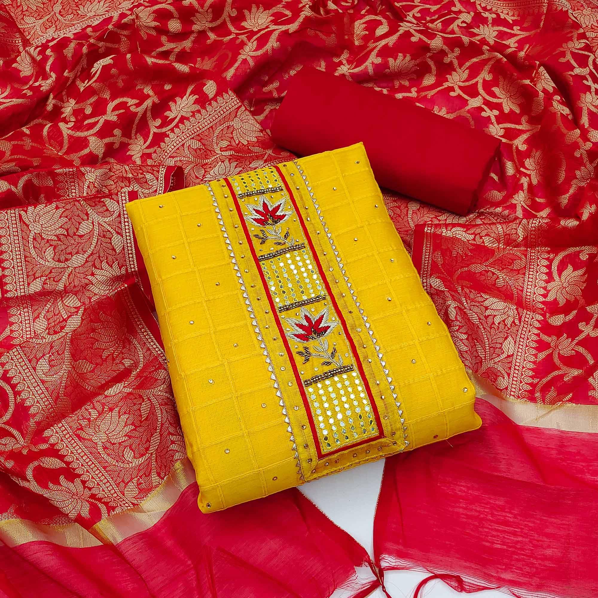 Yellow Festive Wear Embellished Chanderi Dress Material - Peachmode