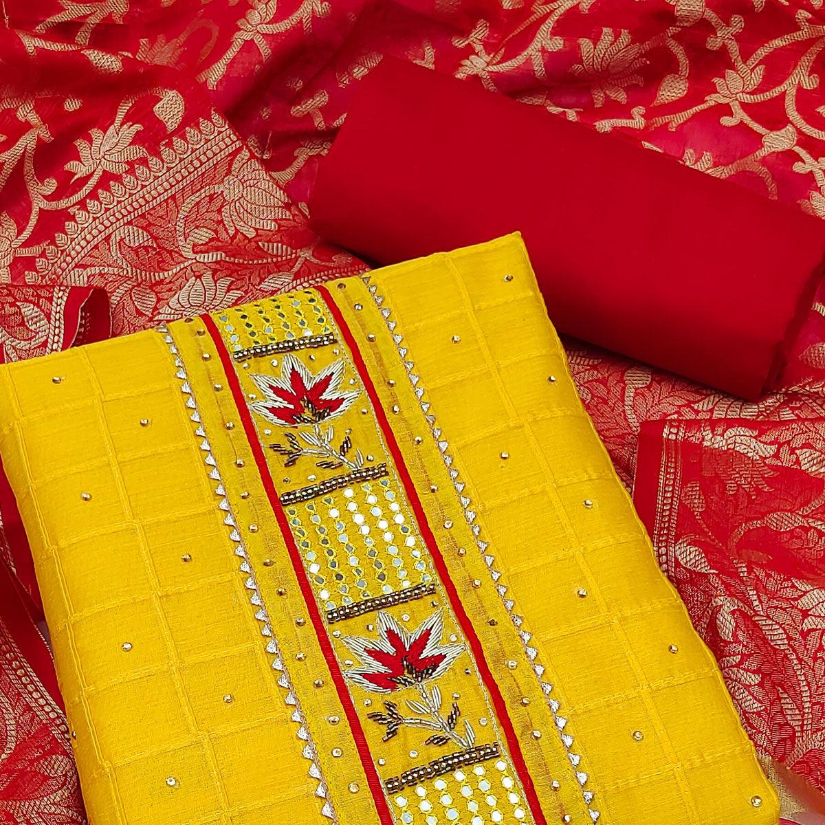 Yellow Festive Wear Embellished Chanderi Dress Material - Peachmode