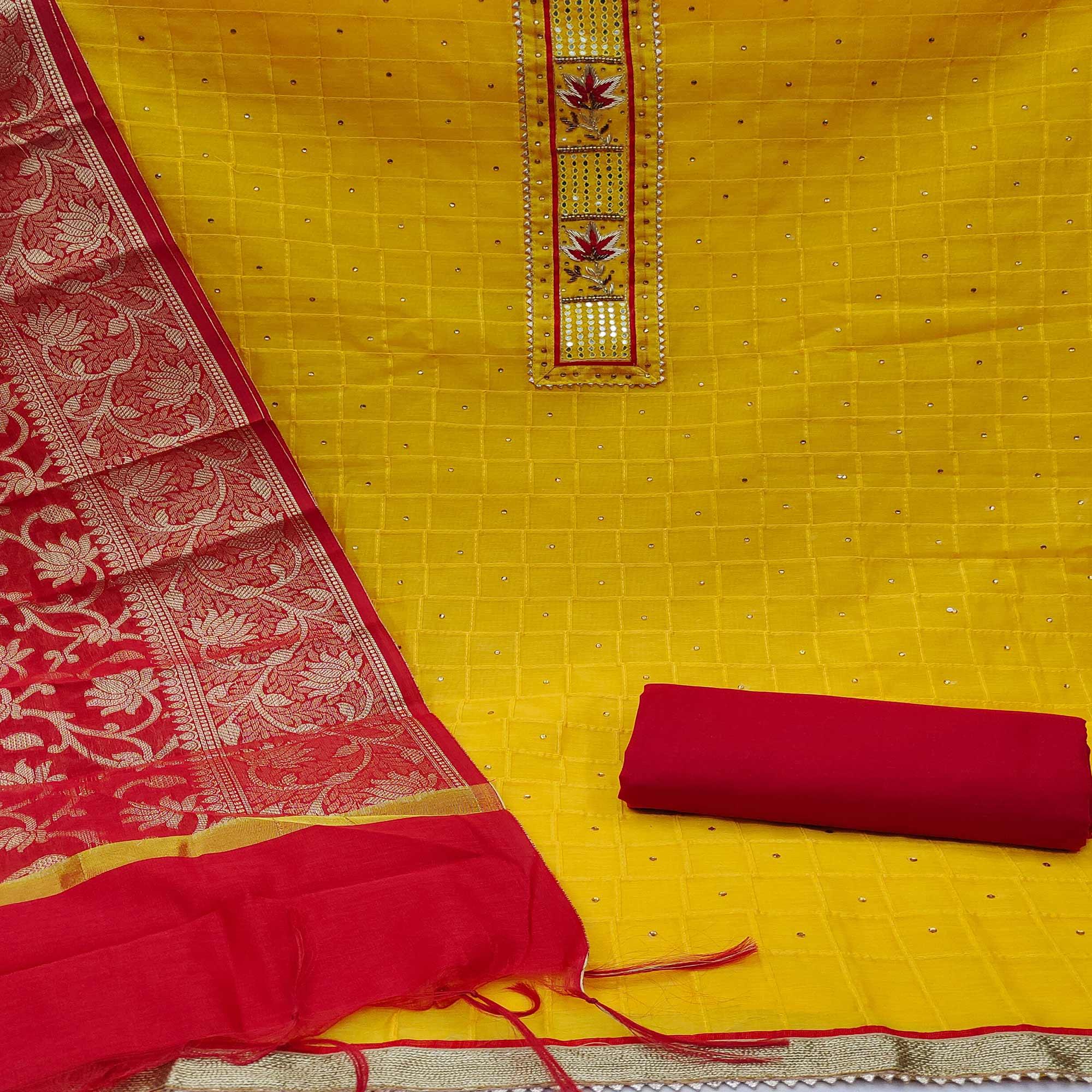 Yellow Festive Wear Embellished Chanderi Dress Material - Peachmode