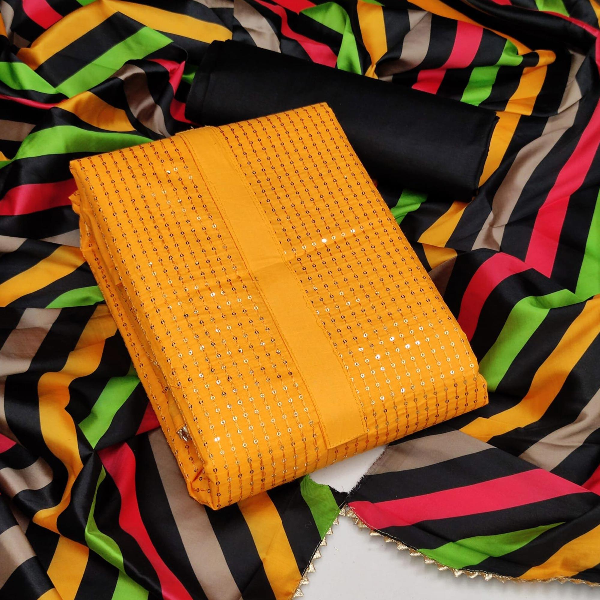 Yellow Festive Wear Embellished Cotton Dress Material - Peachmode