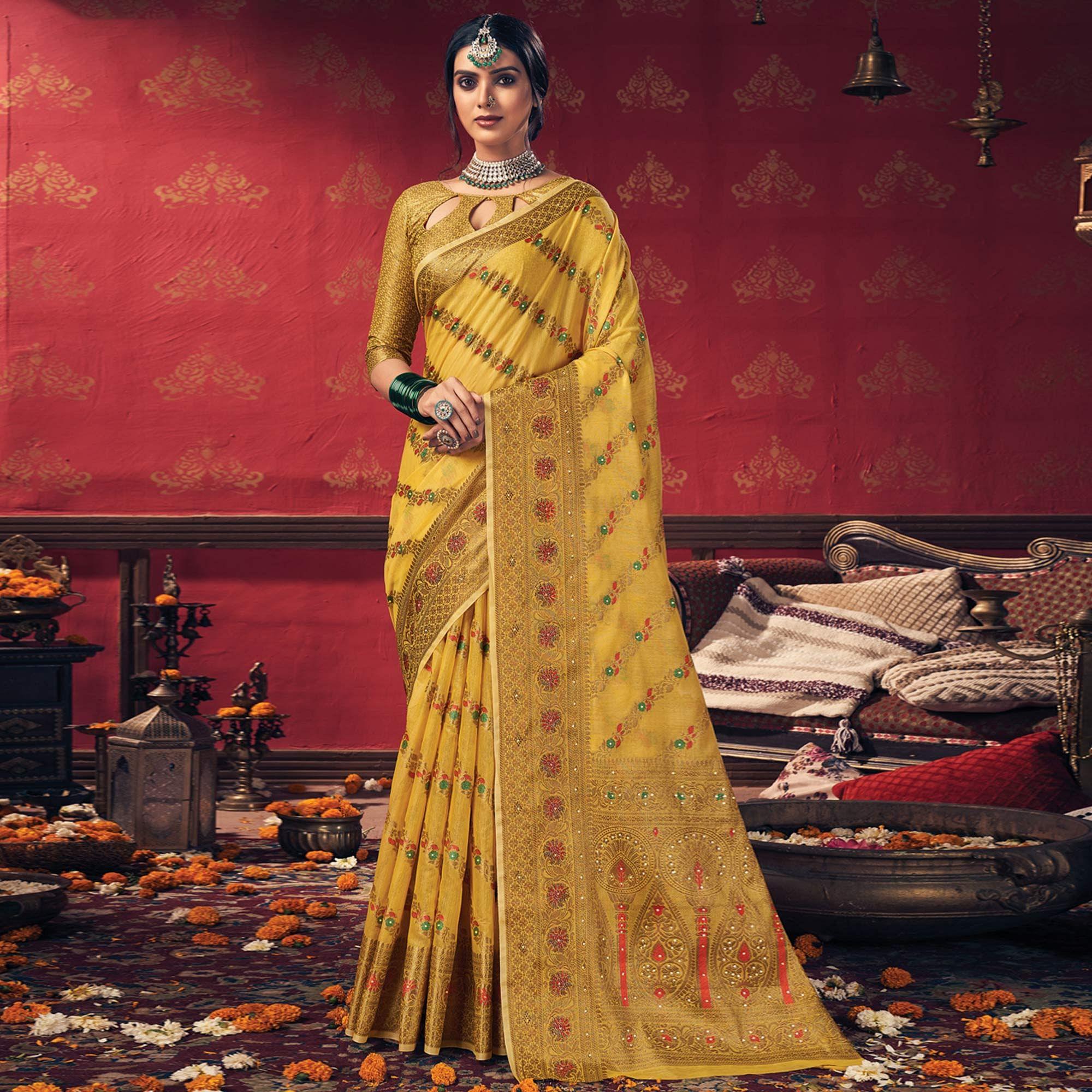 Yellow Festive Wear Embellished Cotton Saree - Peachmode
