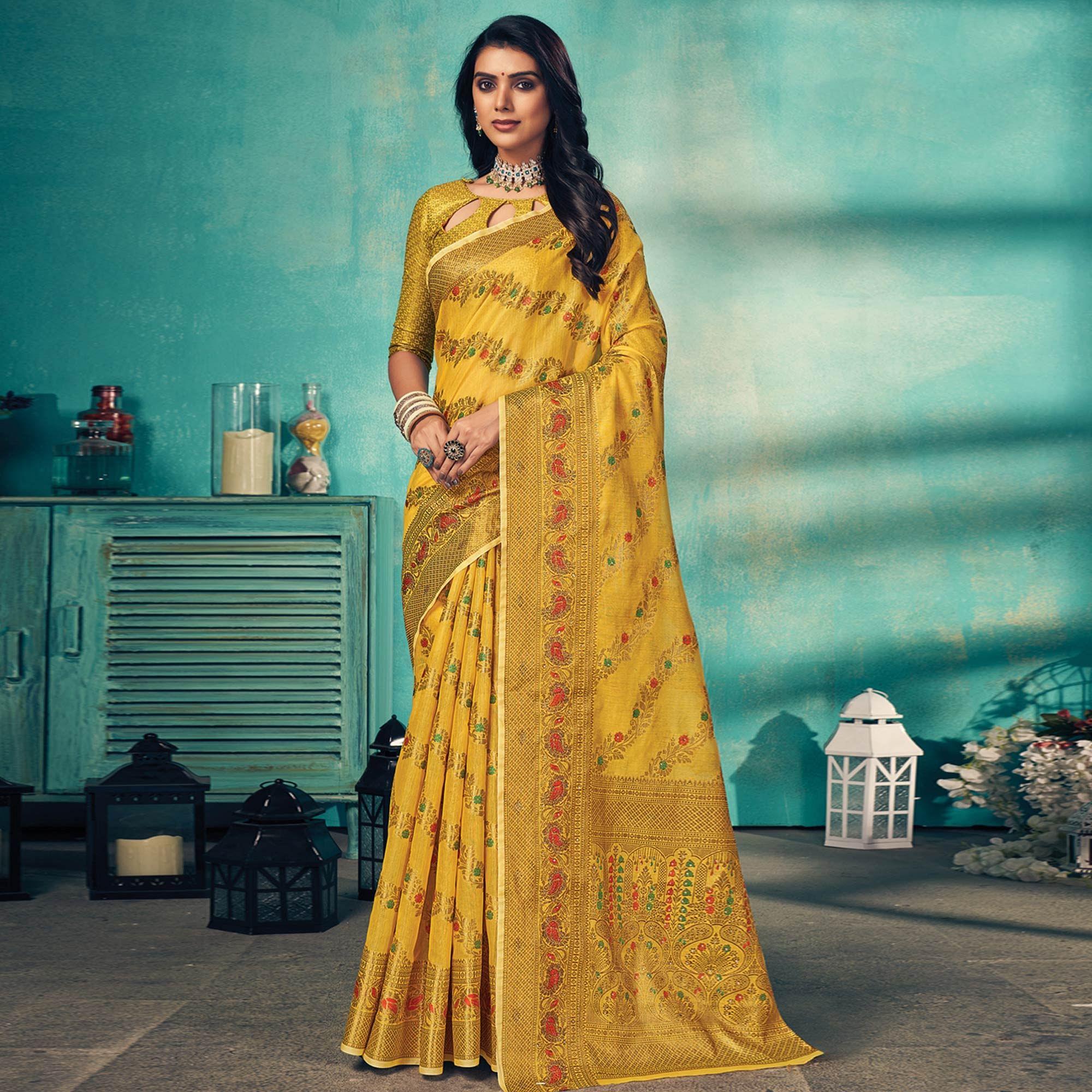 Yellow Festive Wear Embellished Cotton Saree - Peachmode