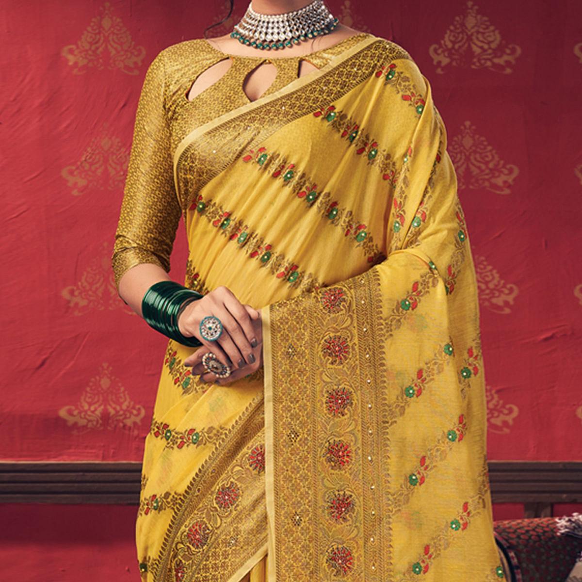 Yellow Festive Wear Embellished Cotton Saree - Peachmode