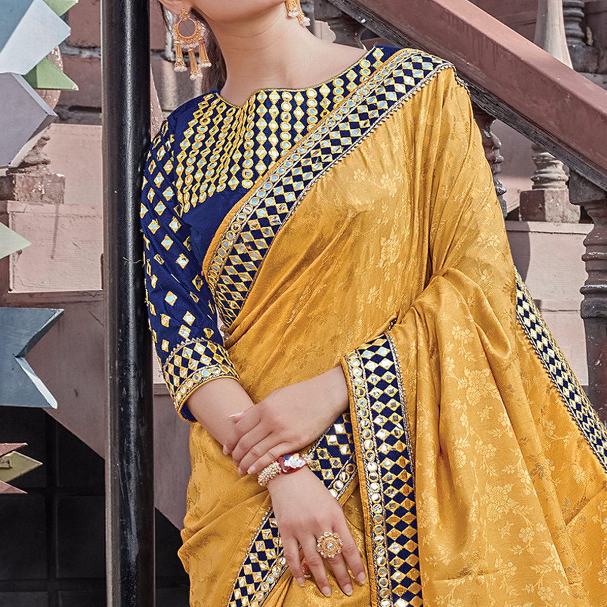Yellow Festive Wear Embellished Jacquard Silk Saree - Peachmode
