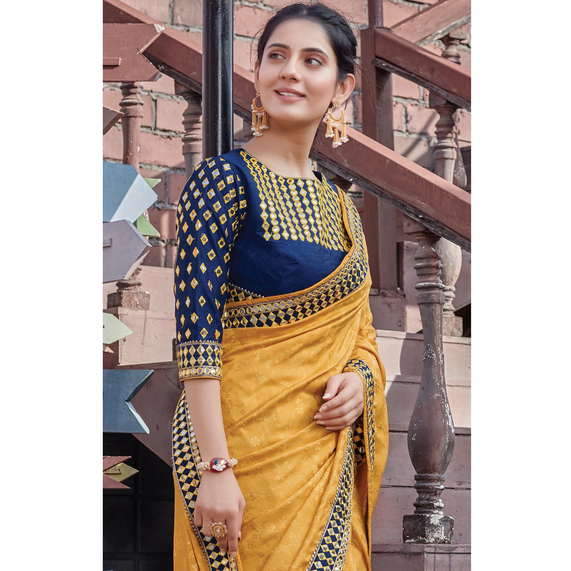 Yellow Festive Wear Embellished Jacquard Silk Saree - Peachmode