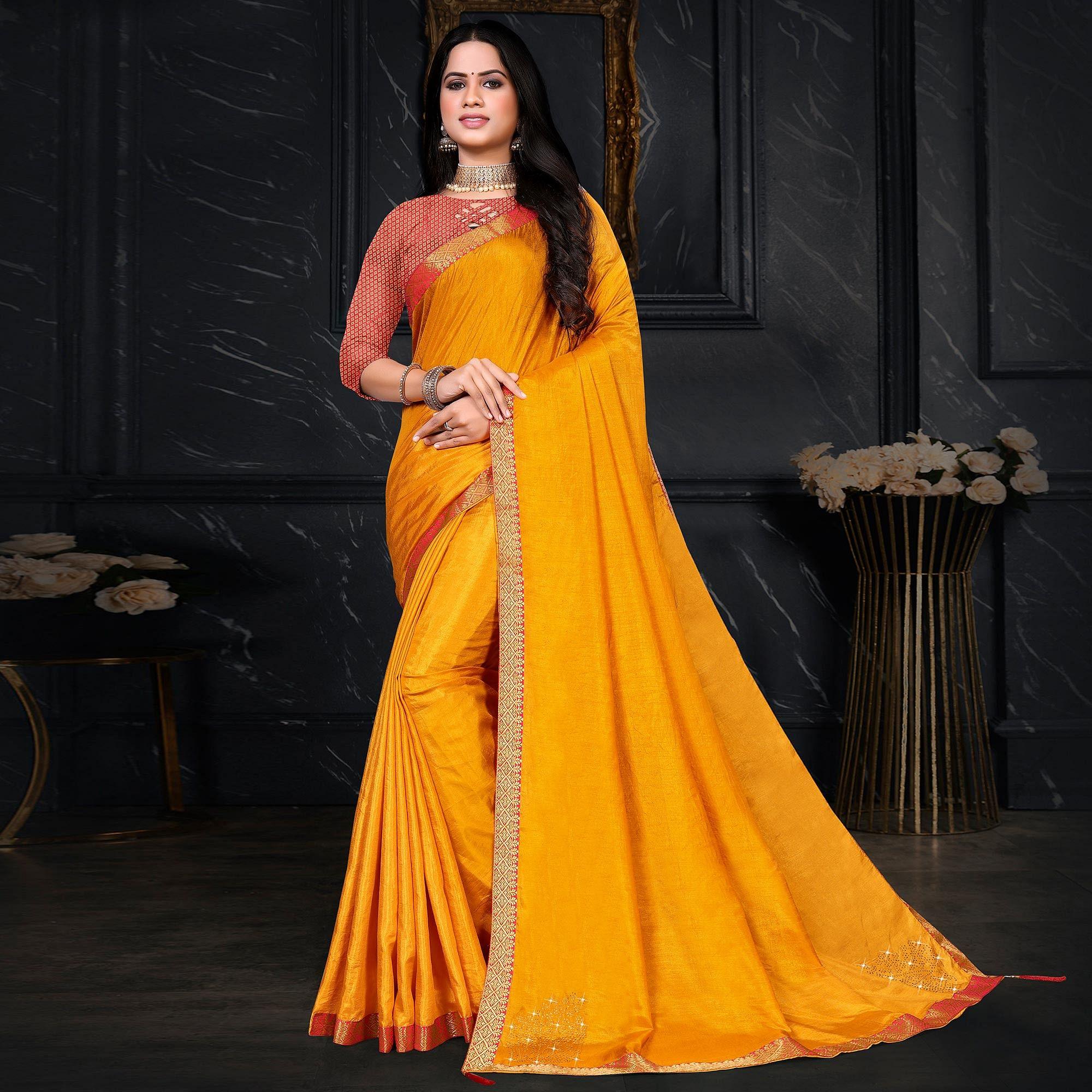 Yellow Festive Wear Embellished Vichitra Silk Saree - Peachmode