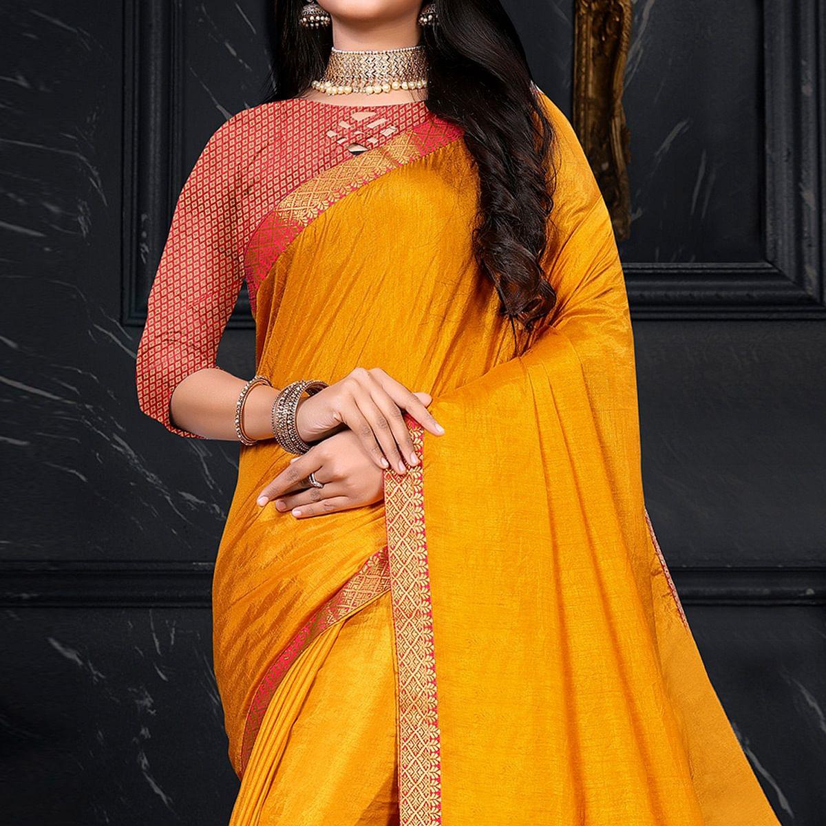 Yellow Festive Wear Embellished Vichitra Silk Saree - Peachmode