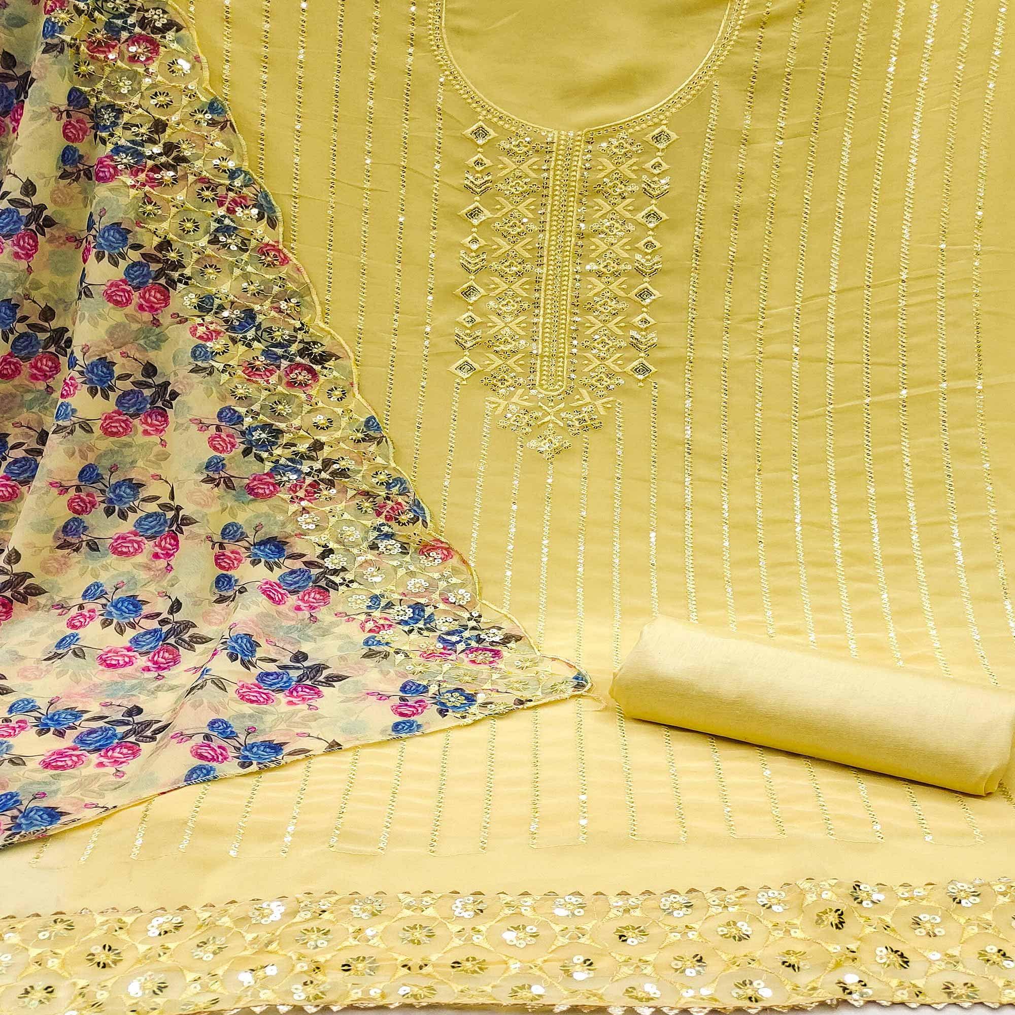 Yellow Festive Wear Embellished With Embroidered Georgette Dress Material - Peachmode