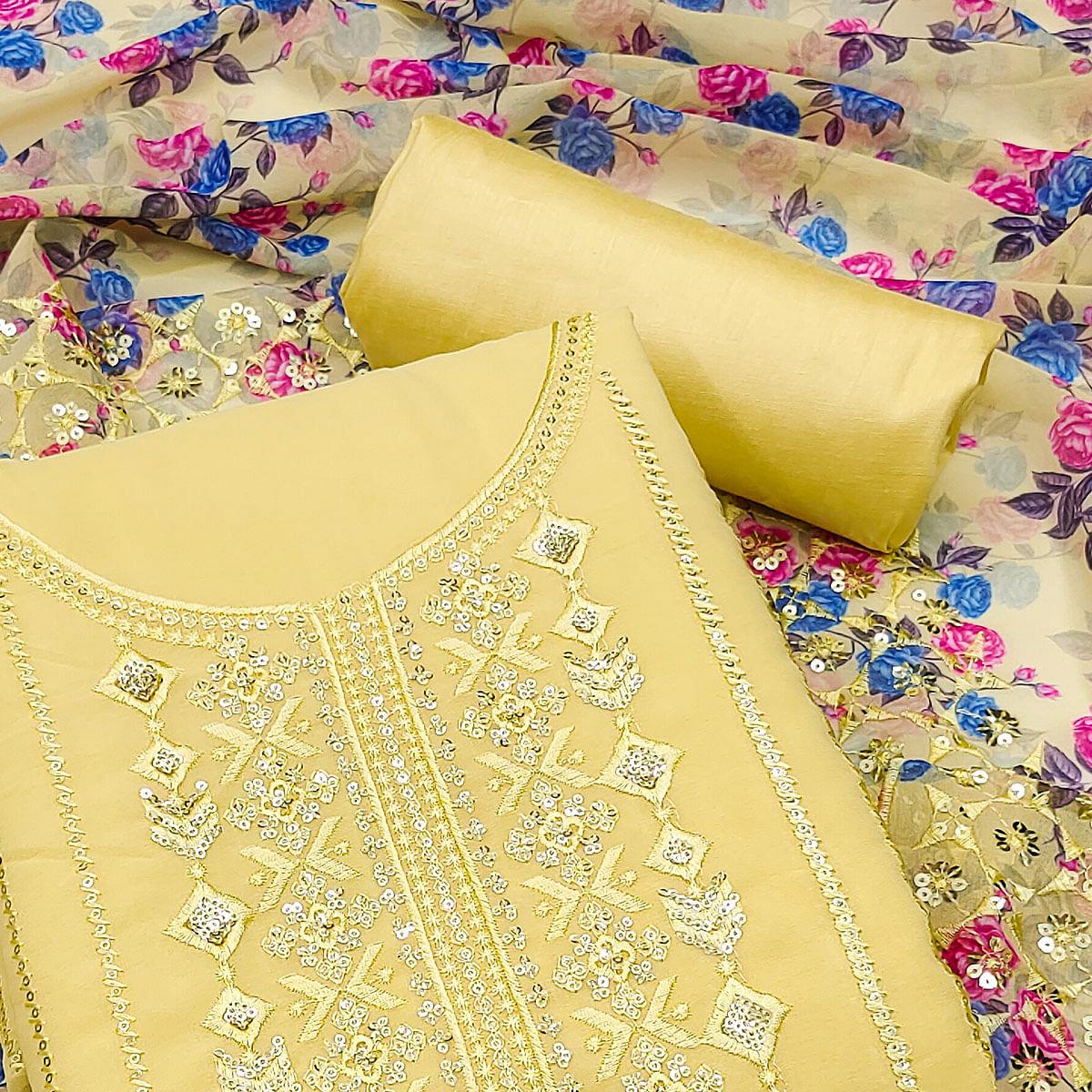 Yellow Festive Wear Embellished With Embroidered Georgette Dress Material - Peachmode
