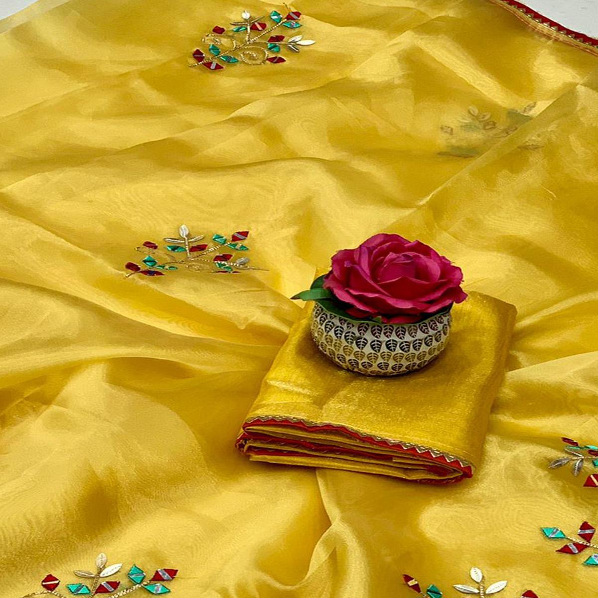 Yellow Festive Wear Embellished With Embroidered Organza Saree - Peachmode