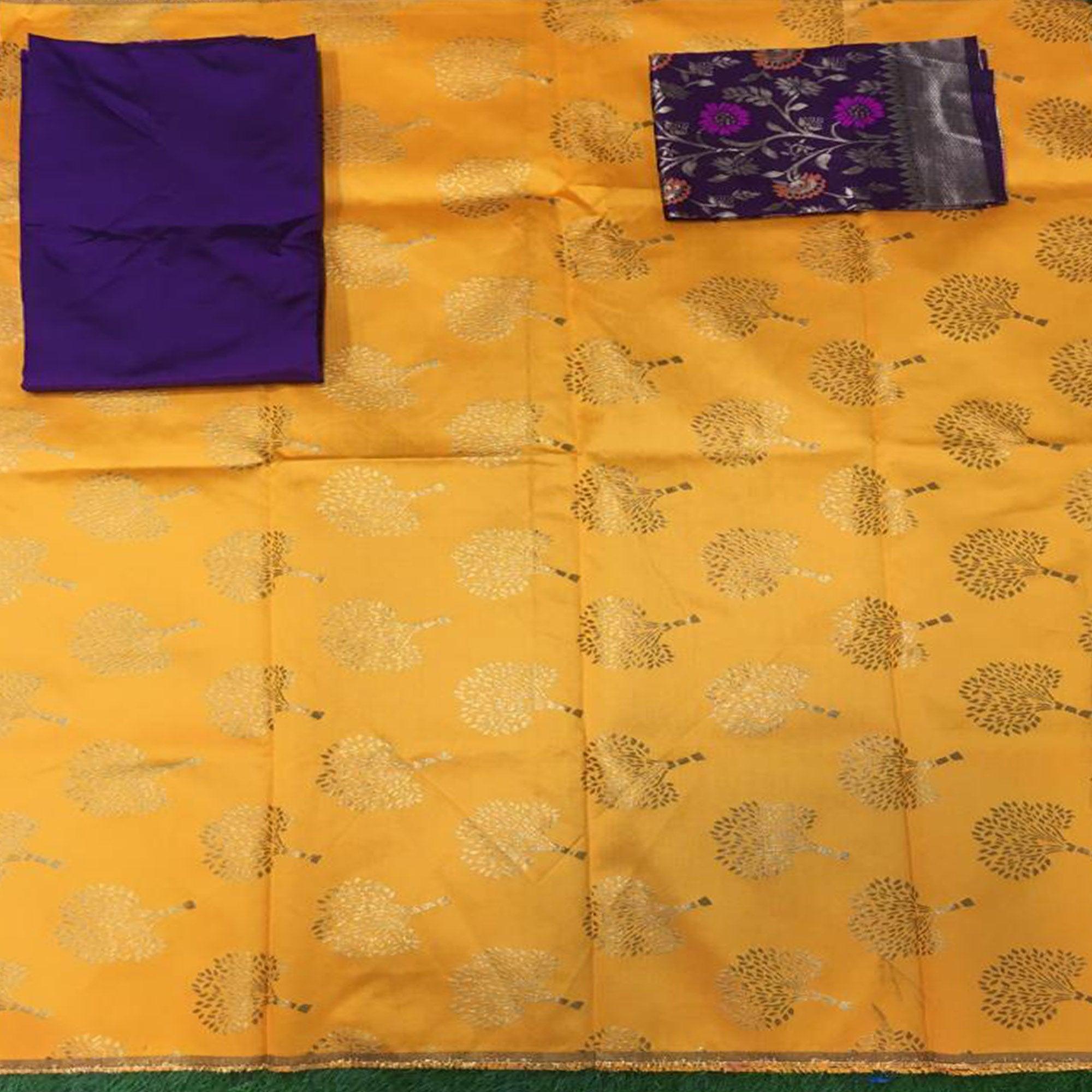 Yellow Festive Wear Embroidered Banarasi Silk Dress Material - Peachmode