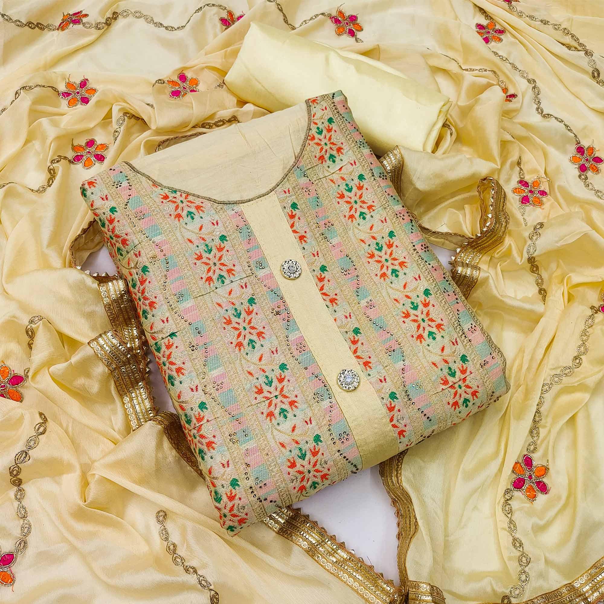 Yellow Festive Wear Embroidered Banarasi Silk Jacquard Dress Material - Peachmode
