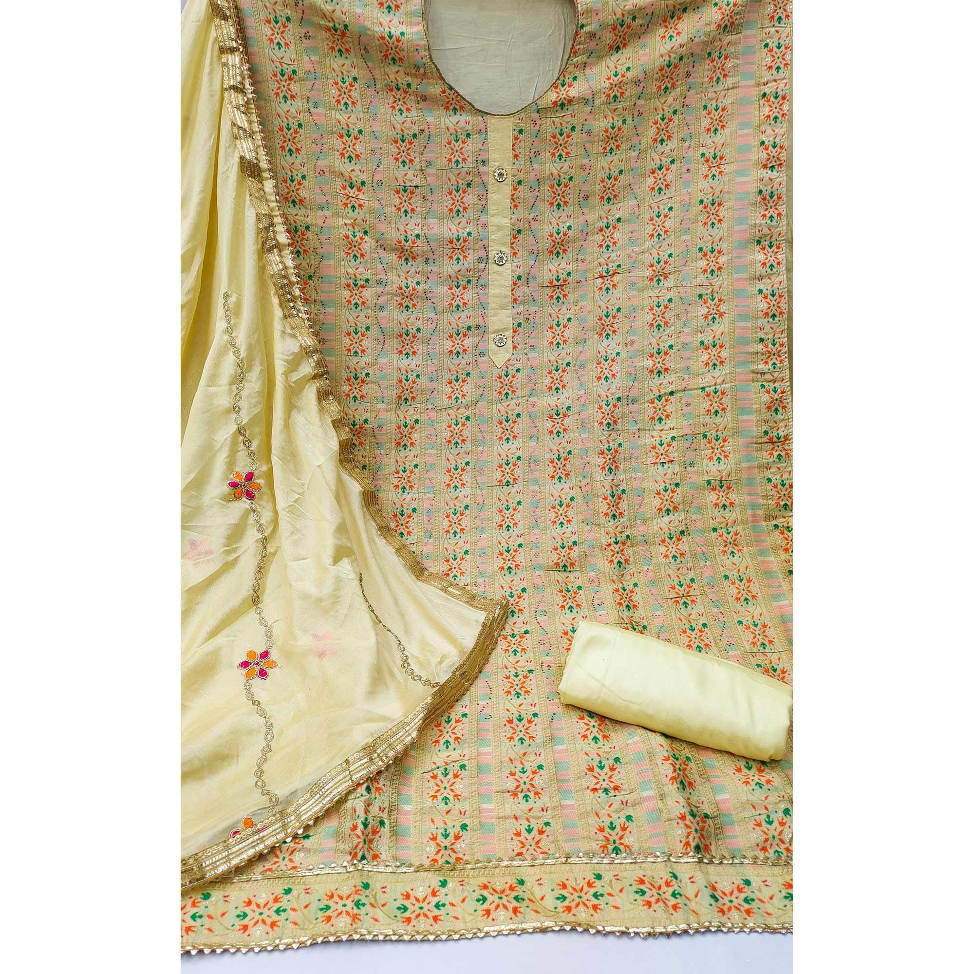 Yellow Festive Wear Embroidered Banarasi Silk Jacquard Dress Material - Peachmode
