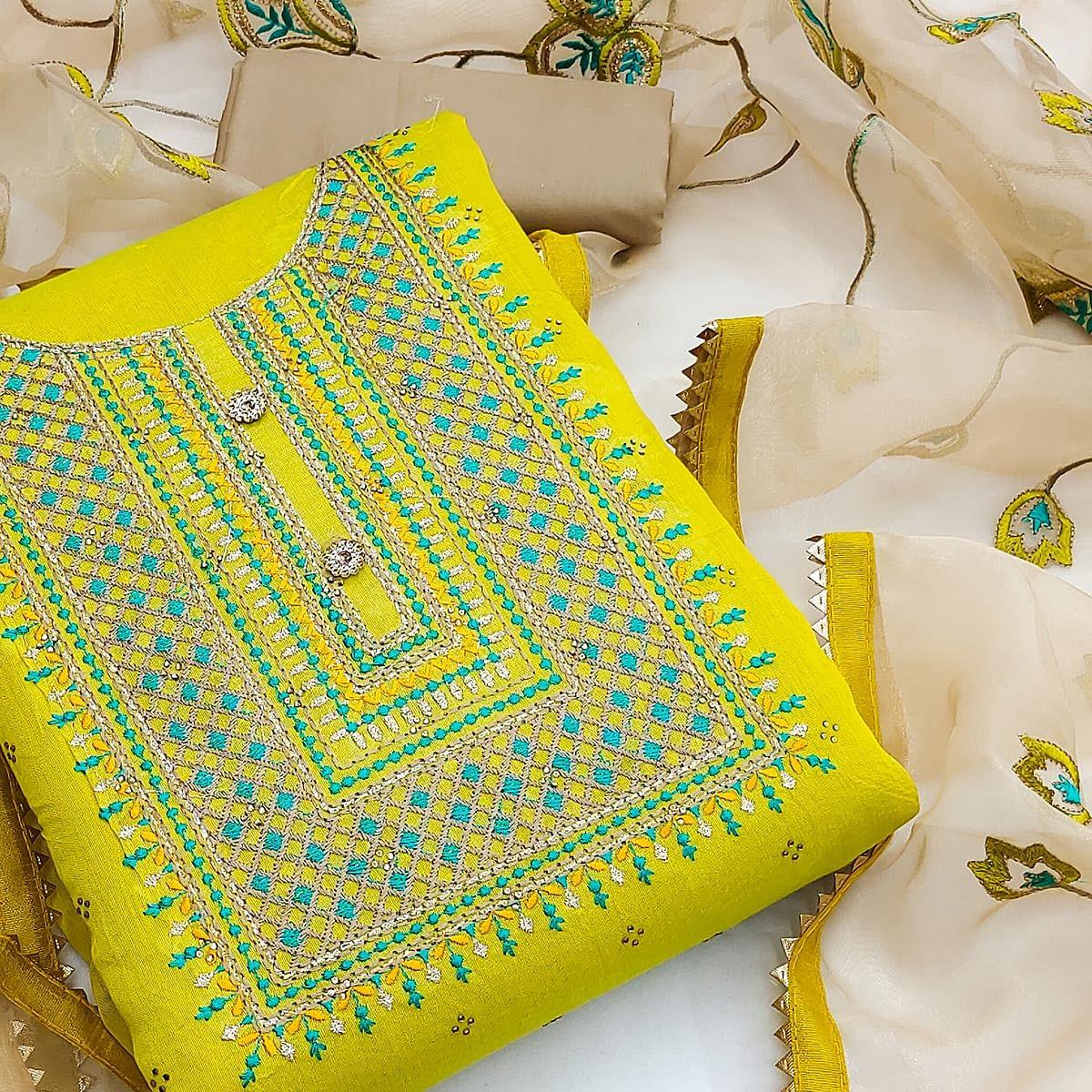 Yellow Festive Wear Embroidered Chanderi Cotton Dress Material - Peachmode