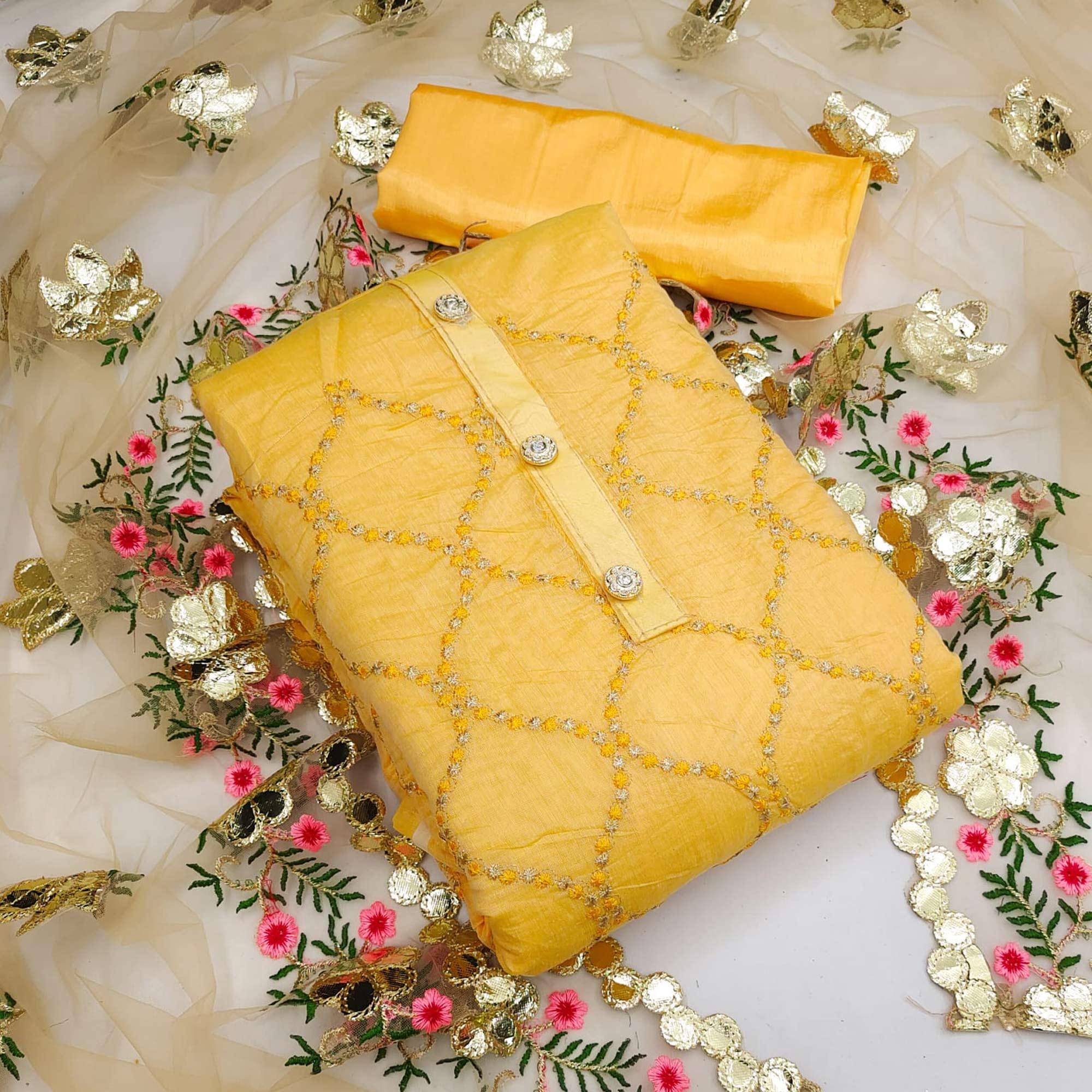 Yellow Festive Wear Embroidered Chanderi Dress Material - Peachmode