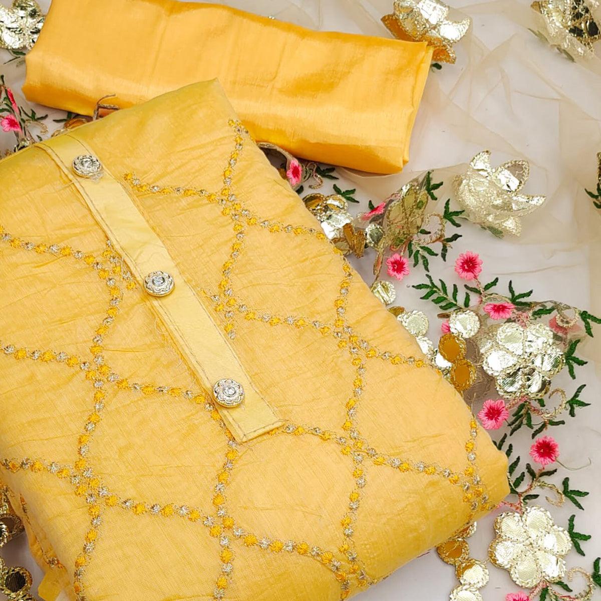 Yellow Festive Wear Embroidered Chanderi Dress Material - Peachmode