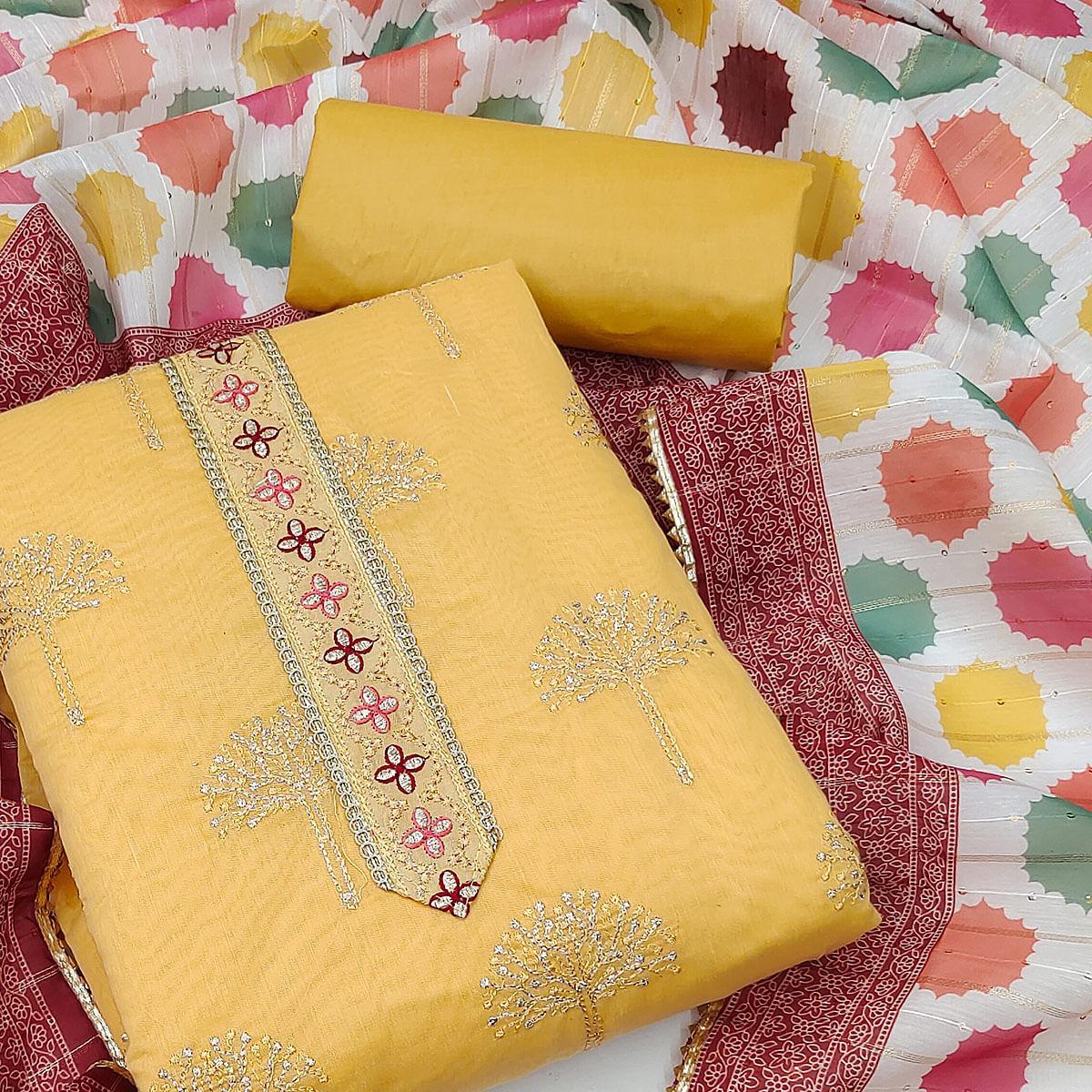 Yellow Festive Wear Embroidered Chanderi Dress Material - Peachmode