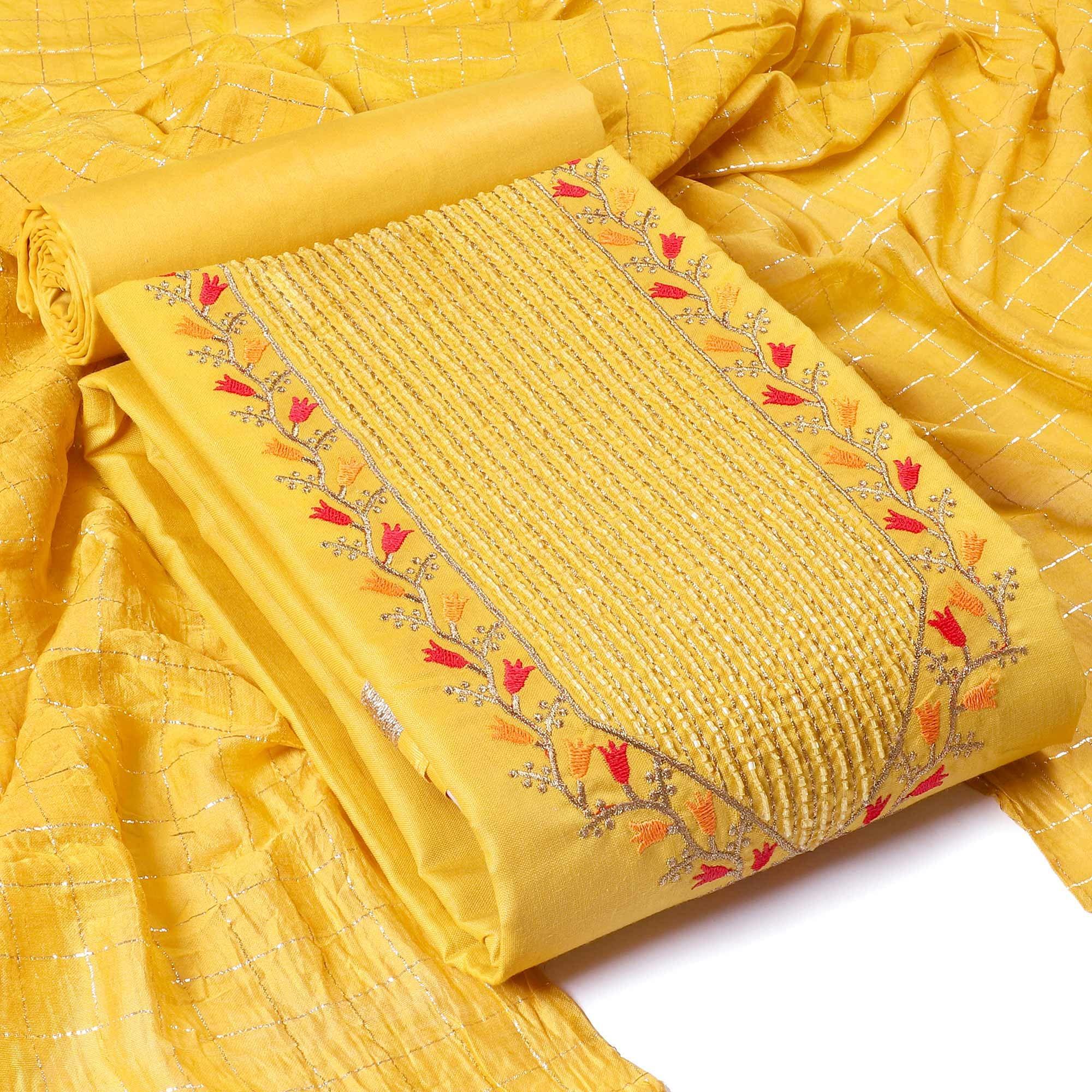 Yellow Festive Wear Embroidered Cotton Dress Material - Peachmode