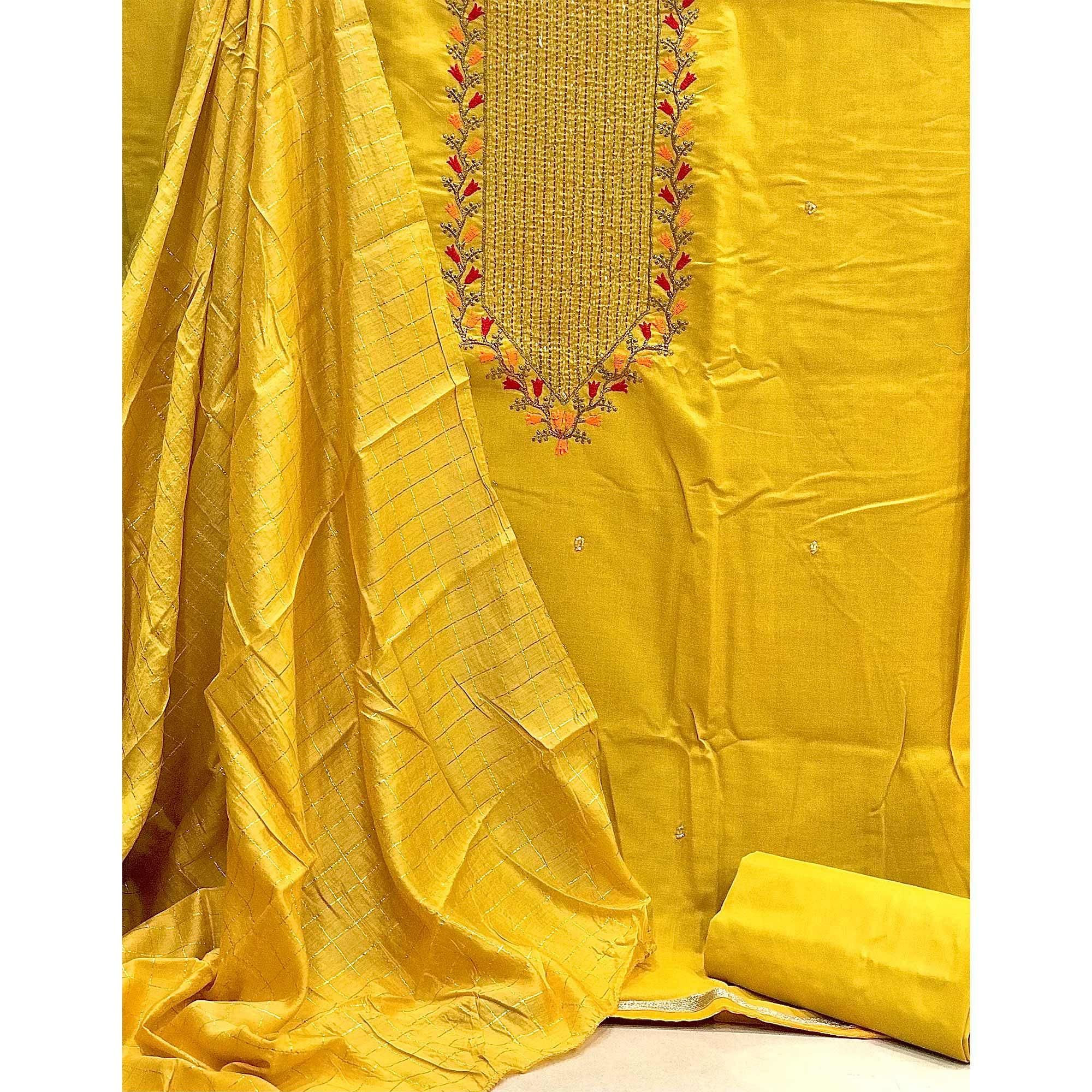 Yellow Festive Wear Embroidered Cotton Dress Material - Peachmode