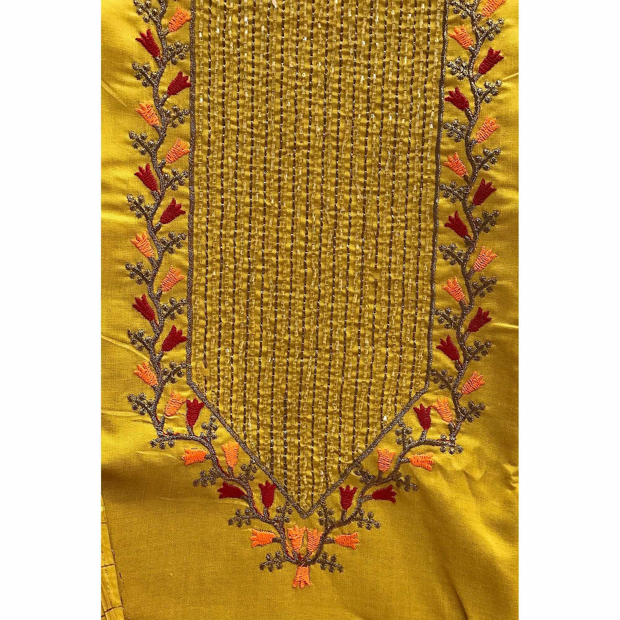 Yellow Festive Wear Embroidered Cotton Dress Material - Peachmode