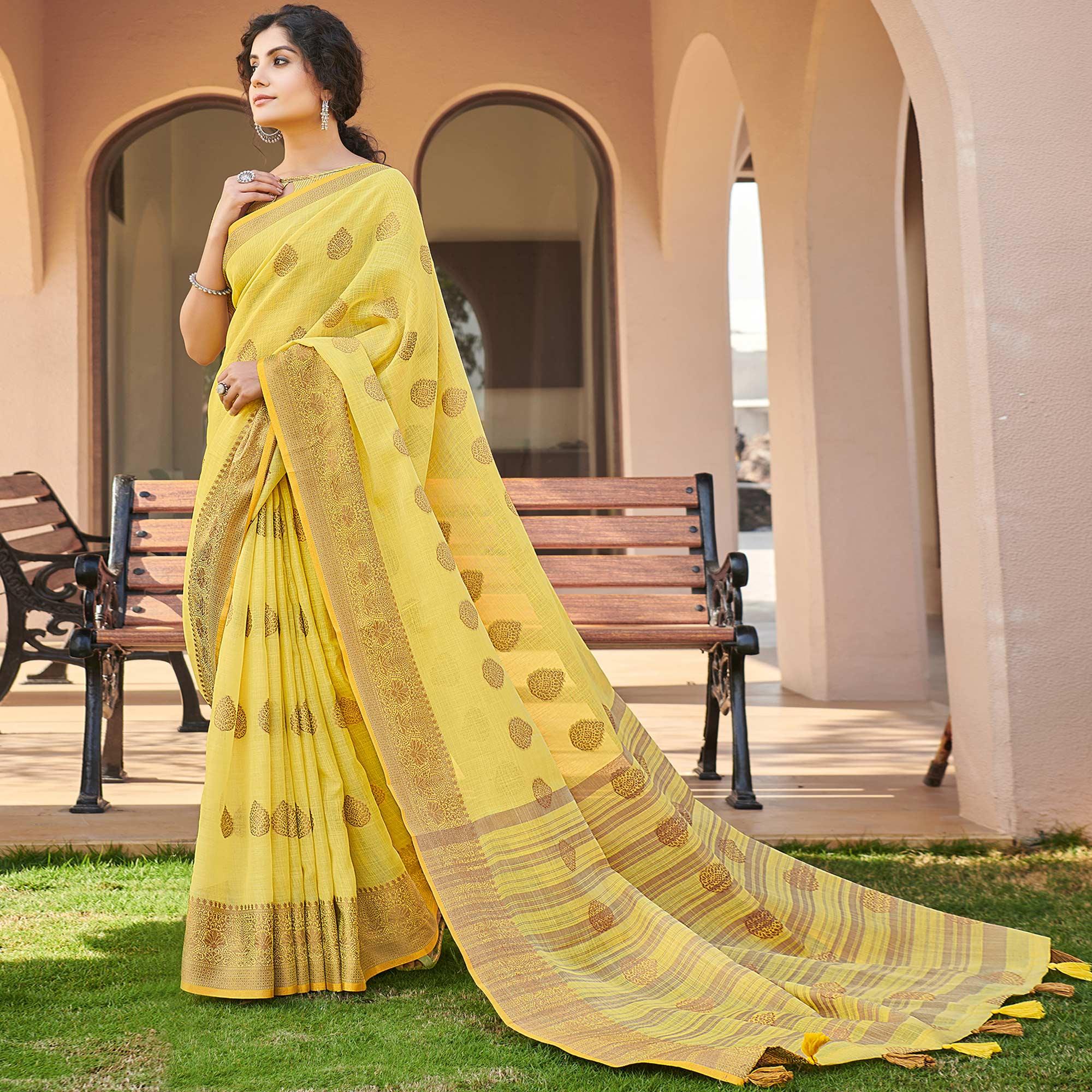 Yellow Festive Wear Embroidered Cotton Saree - Peachmode