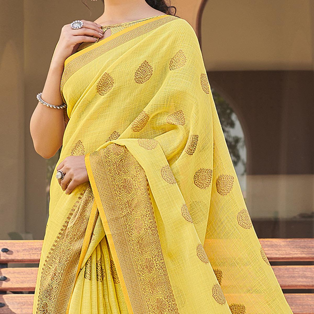Yellow Festive Wear Embroidered Cotton Saree - Peachmode