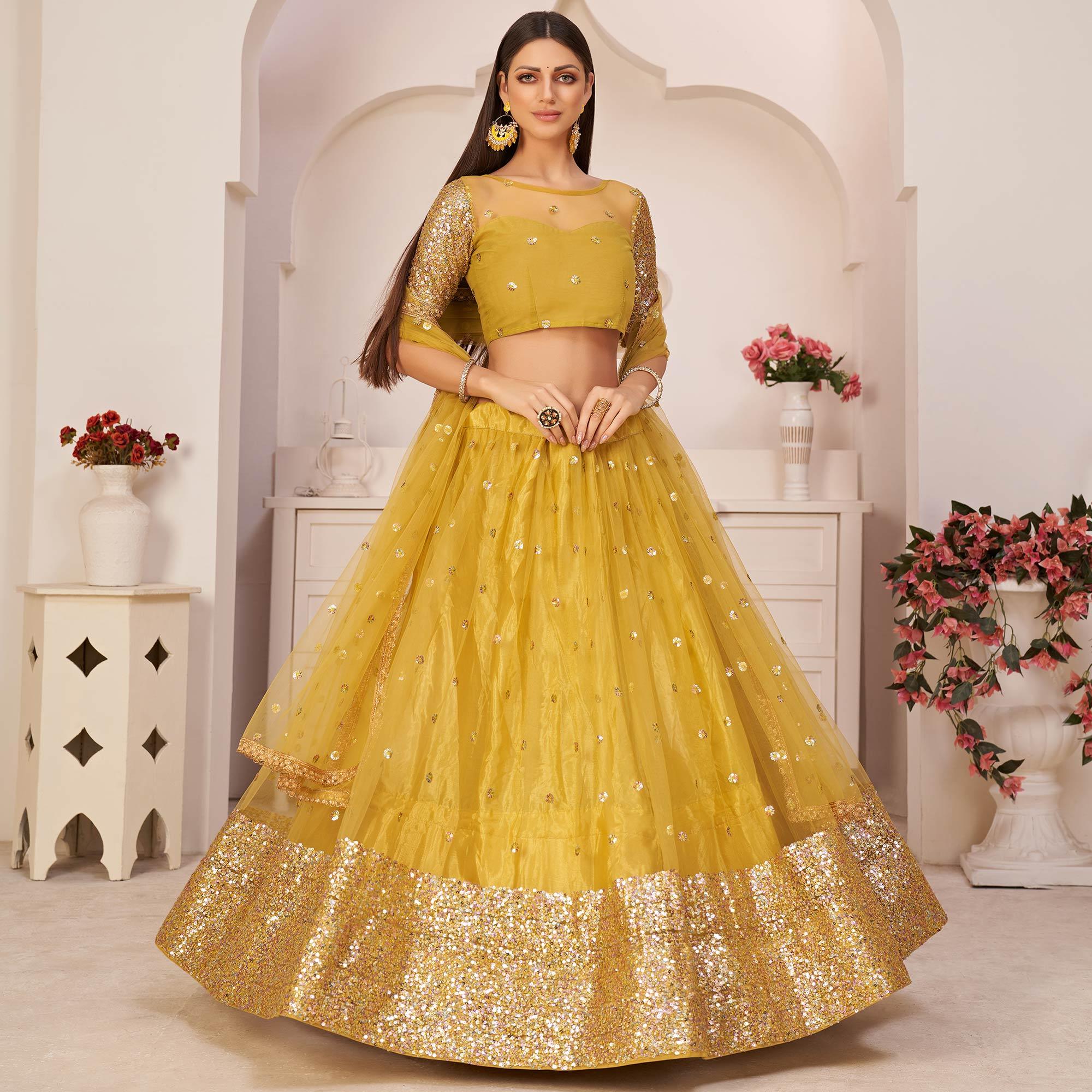 Yellow Festive Wear Embroidered Mono Net Lehenga Choli - Peachmode