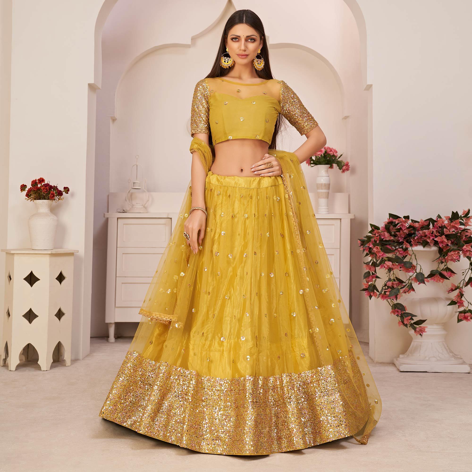 Yellow Festive Wear Embroidered Mono Net Lehenga Choli - Peachmode