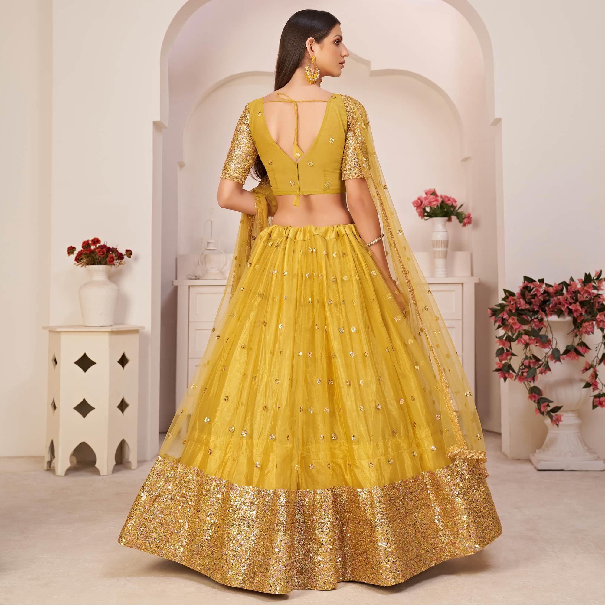 Yellow Festive Wear Embroidered Mono Net Lehenga Choli - Peachmode