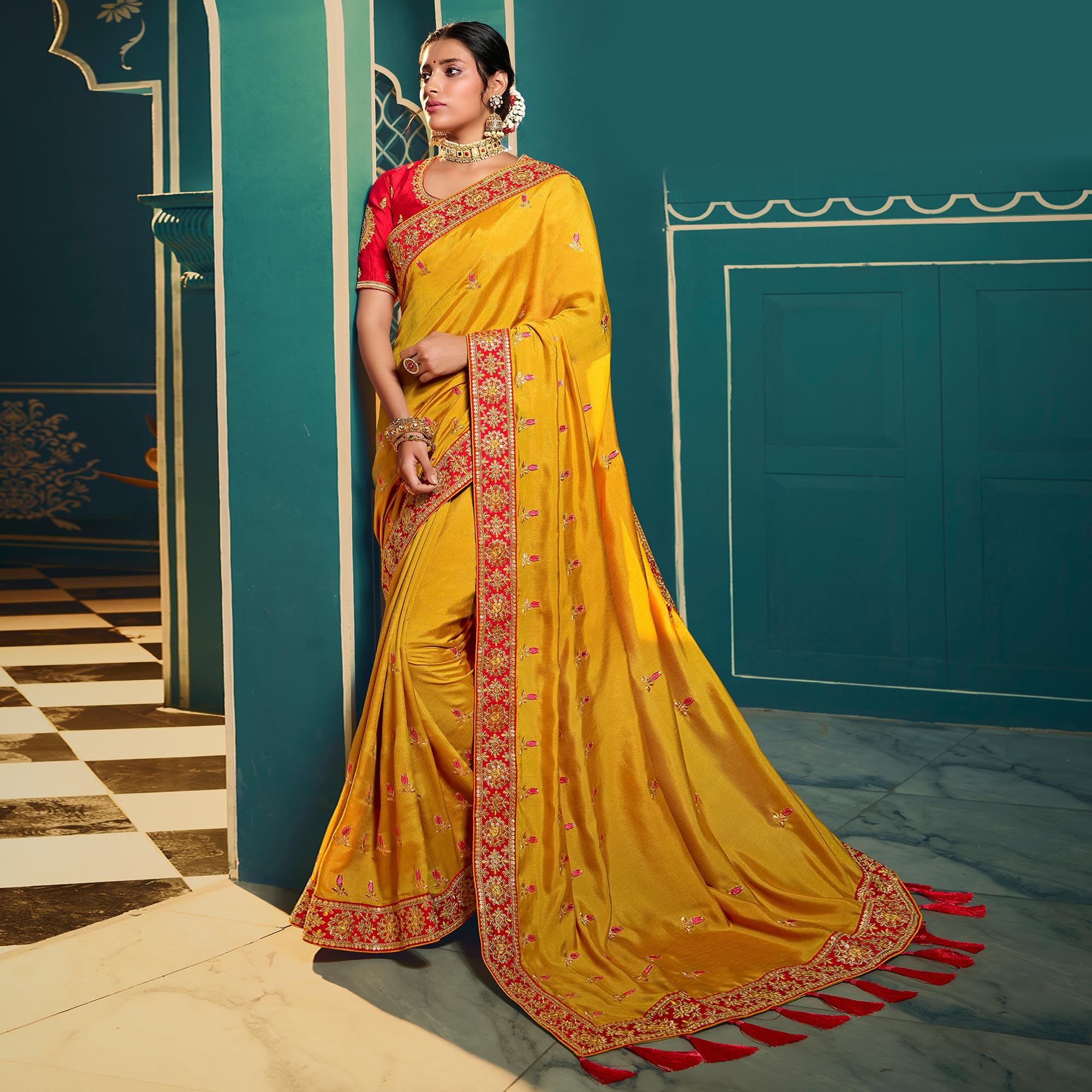 Yellow Festive Wear Embroidered Silk Saree - Peachmode