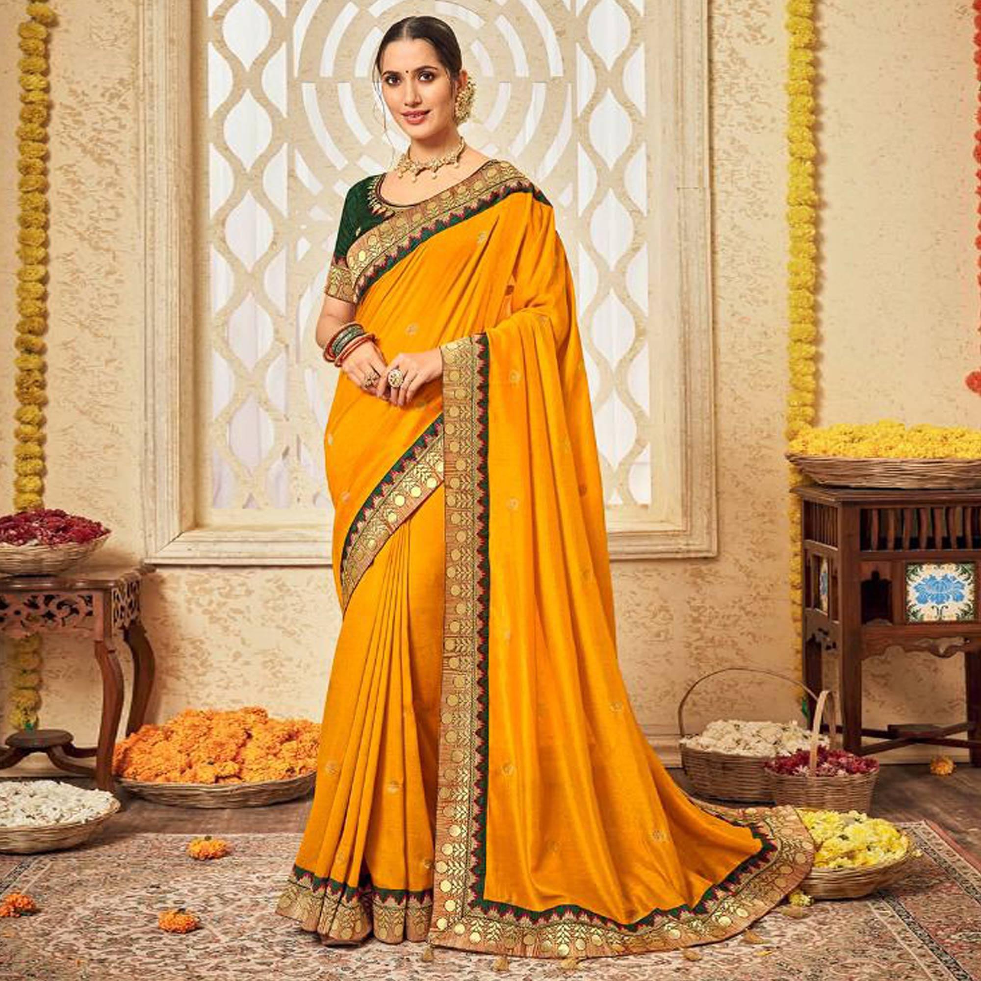 Yellow Festive Wear Embroidered Silk Saree - Peachmode