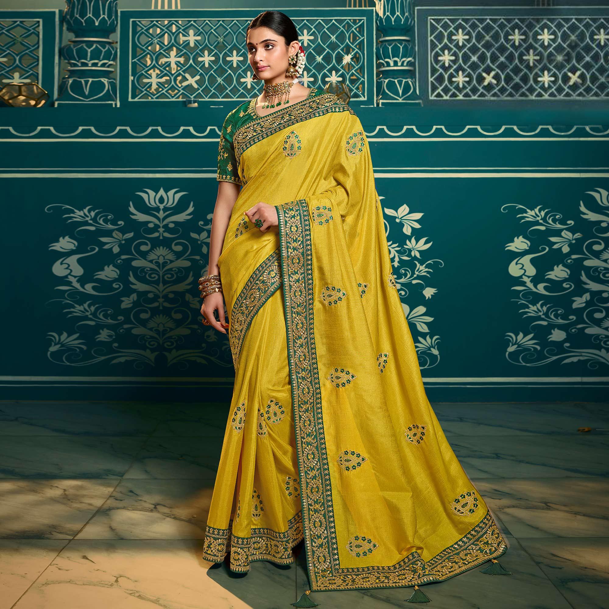 Yellow Festive Wear Embroidered Silk Saree - Peachmode