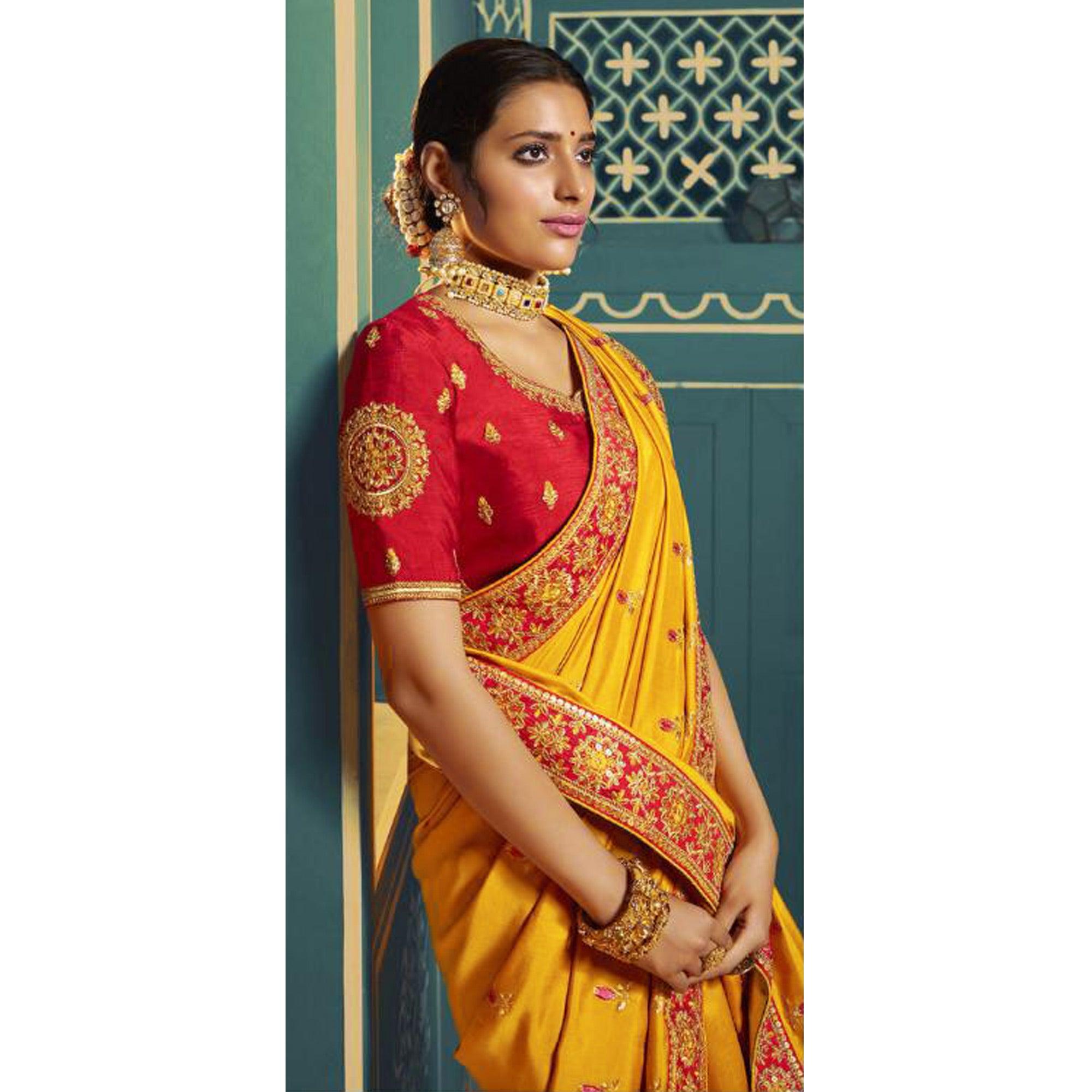 Yellow Festive Wear Embroidered Silk Saree - Peachmode