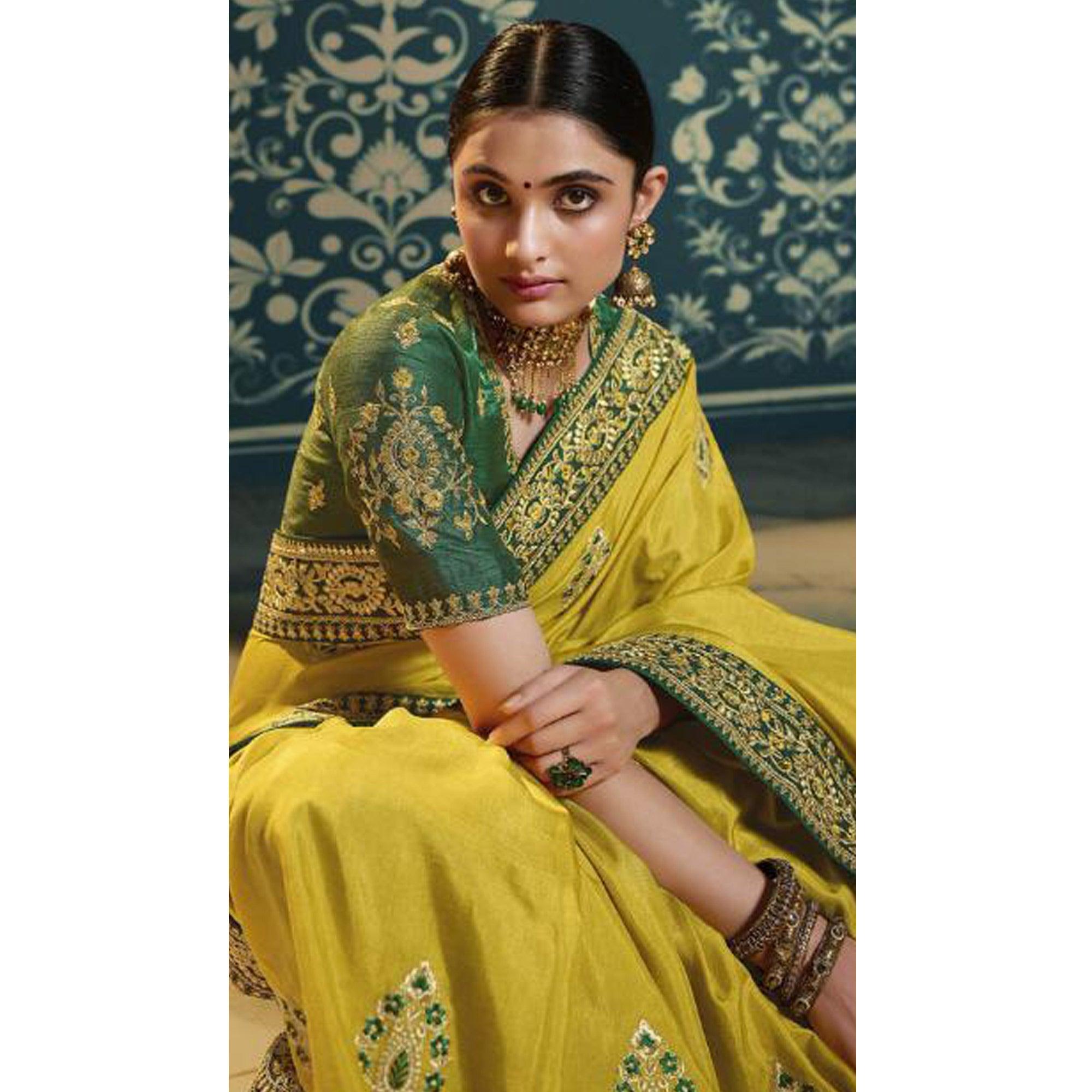 Yellow Festive Wear Embroidered Silk Saree - Peachmode