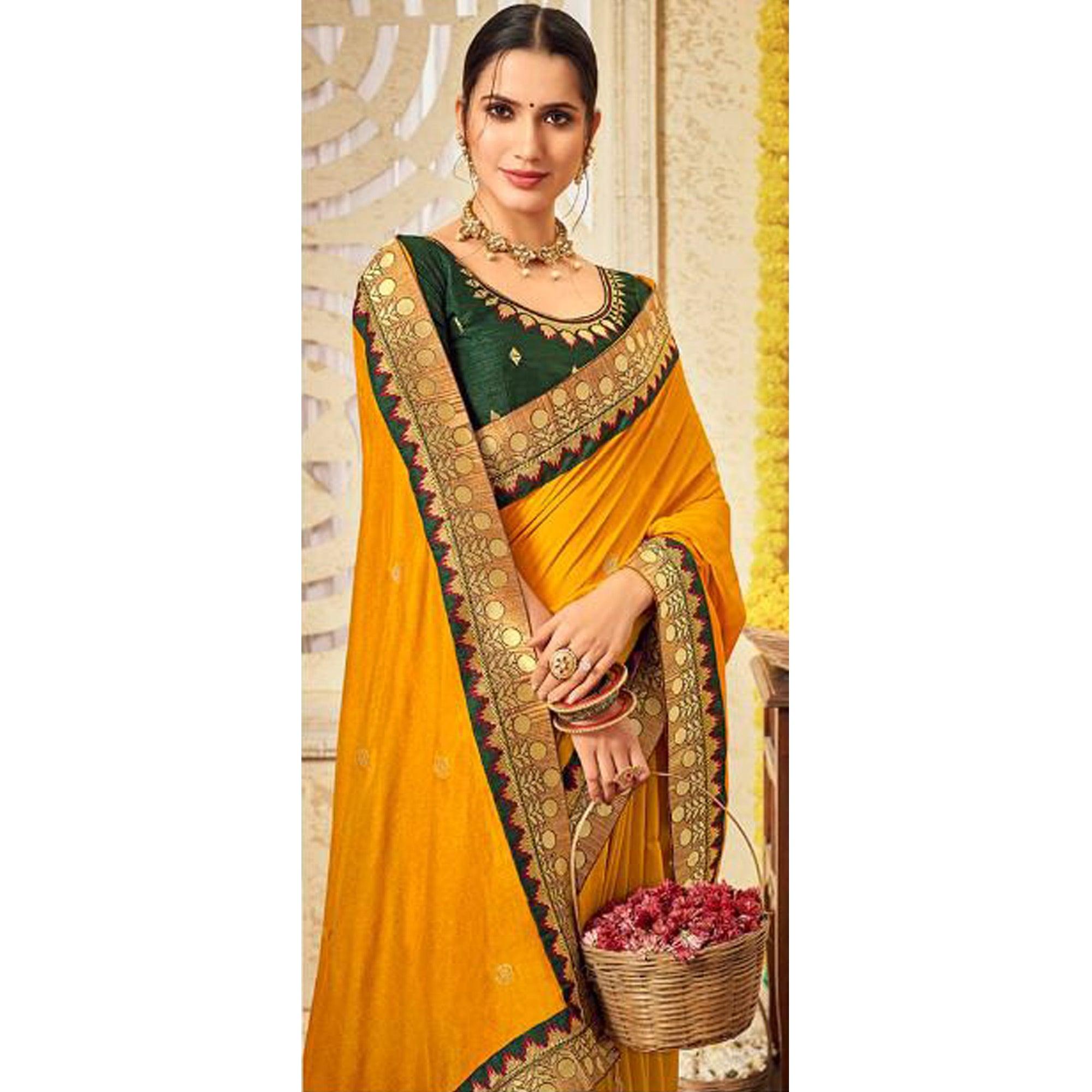 Yellow Festive Wear Embroidered Silk Saree - Peachmode