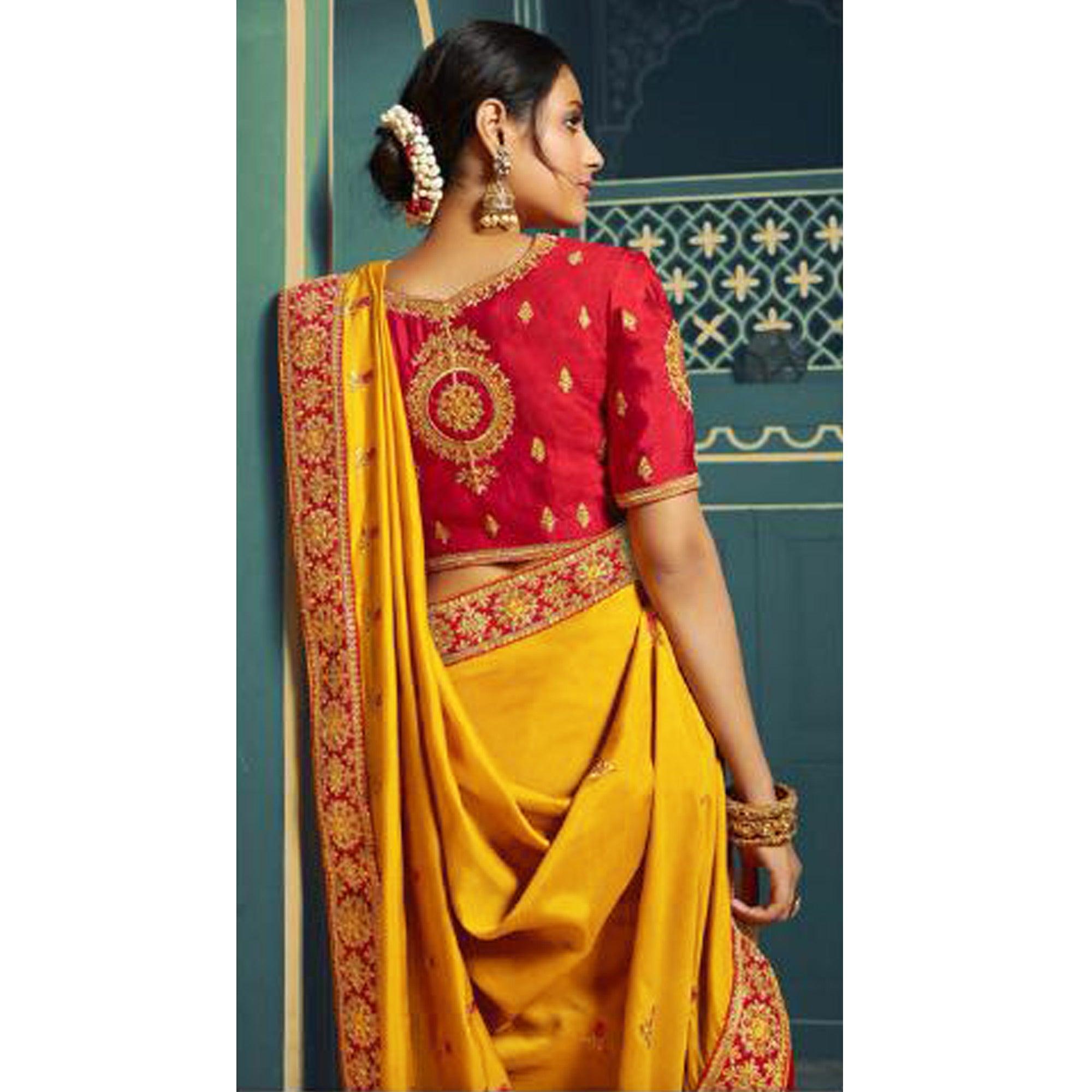 Yellow Festive Wear Embroidered Silk Saree - Peachmode