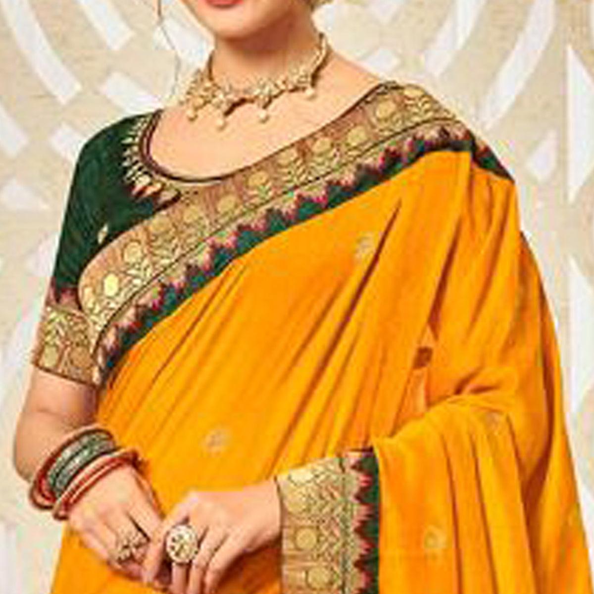 Yellow Festive Wear Embroidered Silk Saree - Peachmode