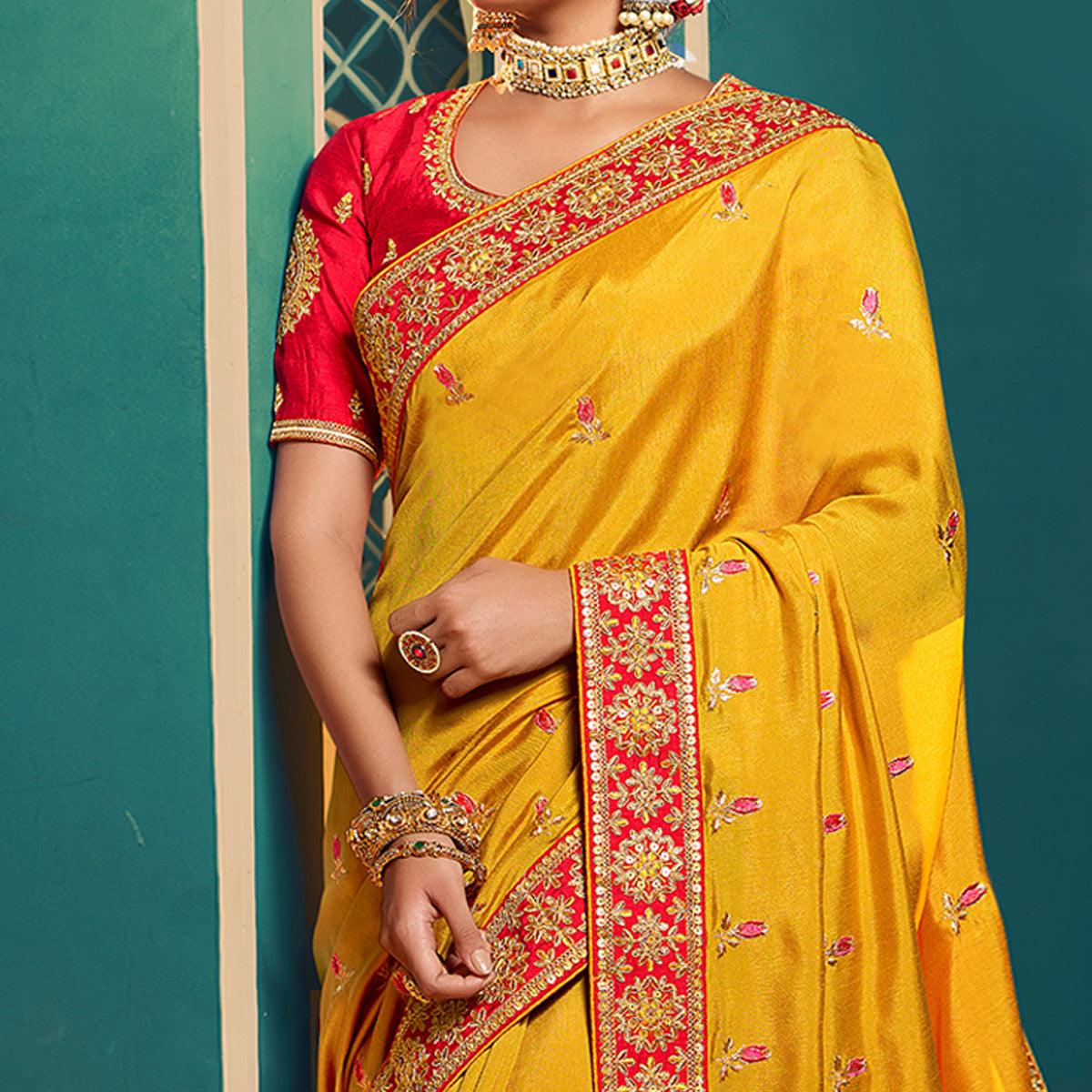 Yellow Festive Wear Embroidered Silk Saree - Peachmode