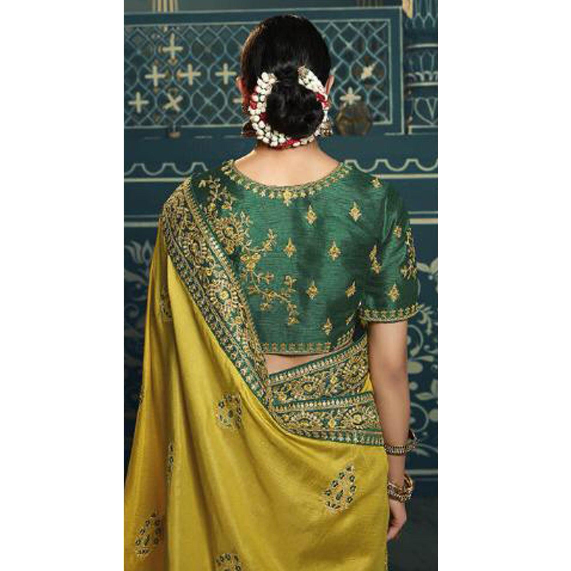 Yellow Festive Wear Embroidered Silk Saree - Peachmode