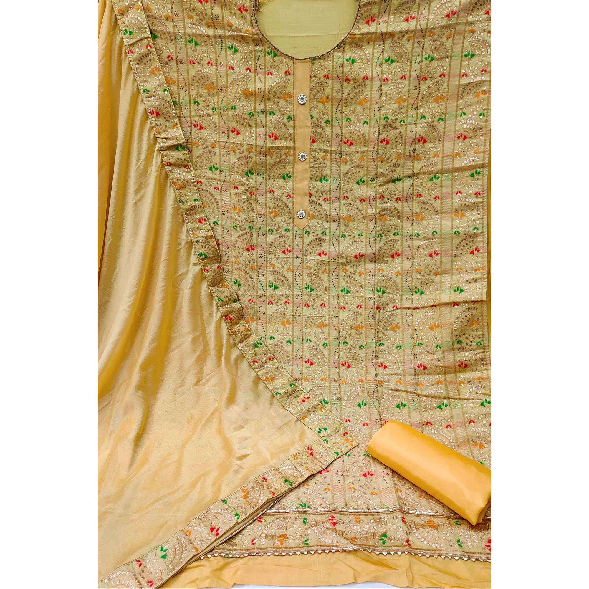 Yellow Festive Wear Embroidered Tapetta Dress Material - Peachmode